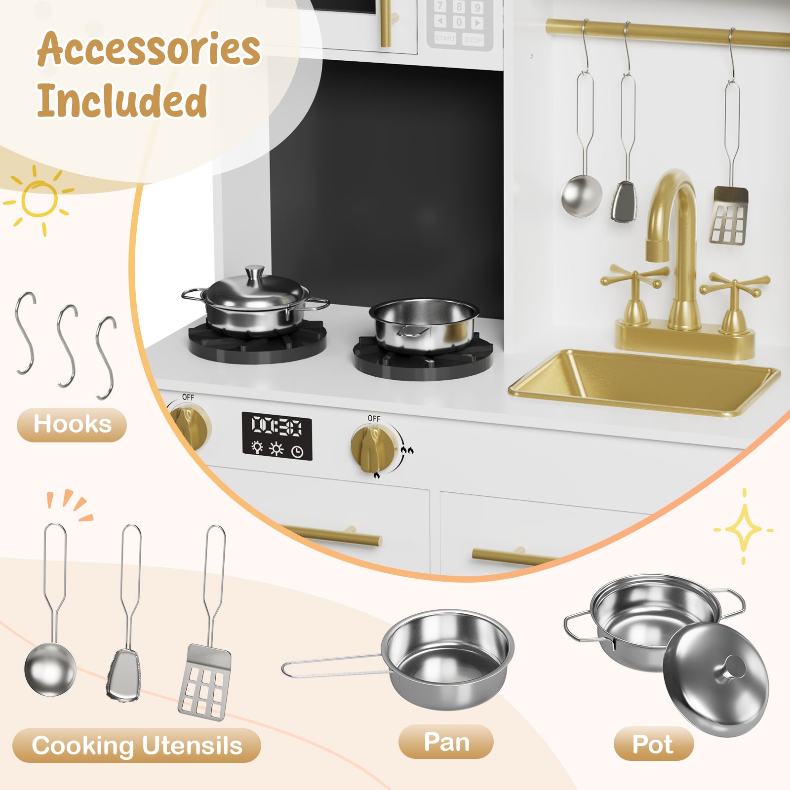 TLSUNNY Kids Play Kitchen, Wooden Pretend Cooking Play Toy Set with Cookware Accessories, Sink, Microwave and Realistic Light & Sounds, Gifts for Age 3+