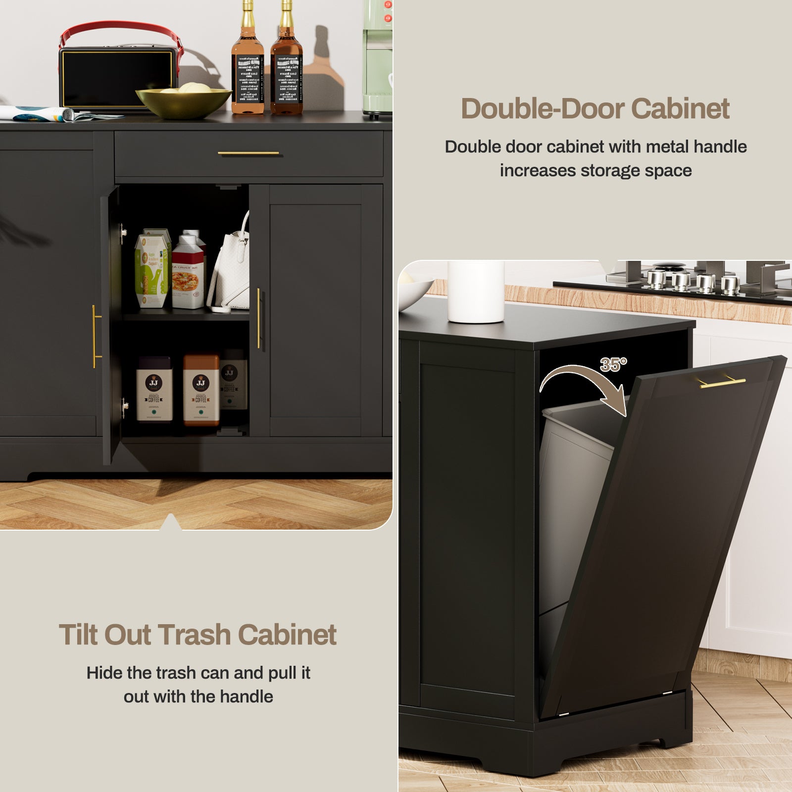 TLSUNNY 53" Kitchen Island w/ 13 Gal Trash Can Storage Cabinet, Portable Kitchen Island, Open Side Shelves and Drawer