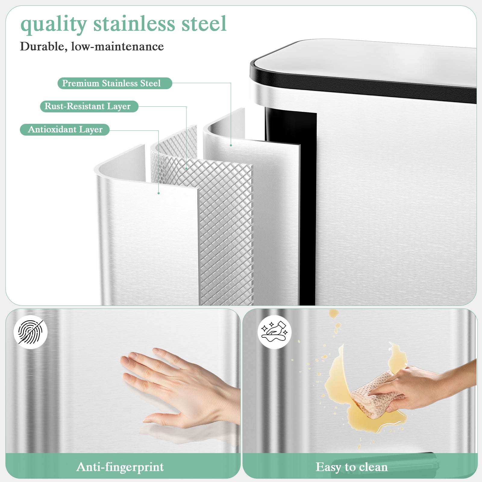TLSUNNY 30/50L Square Step-On Trash Can, 8/13.2 Gal Fingerprint-Proof Stainless Steel Garbage Bin for Kitchen/Office