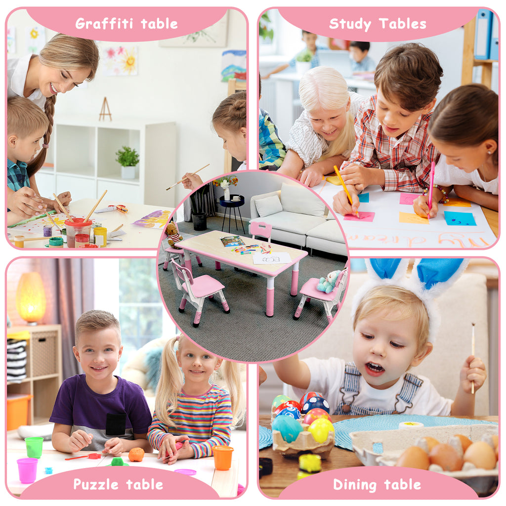 TLSUNNY Kids Table and 4 Chairs, Adjustable Height Childrens Activity Set with Graffiti Desktop & Anti-Slip Legs, for Daycare Classroom Home