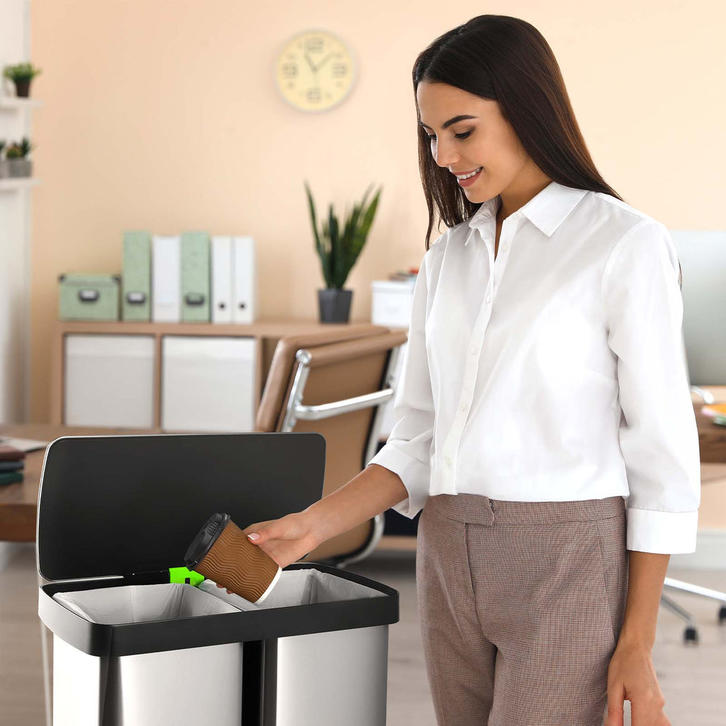 TLSUNNY 16 Gallon Dual Compartments Step Trash Can, Stainless Steel Kitchen Garbage Can Classified Recycling Bin, for Home, Office