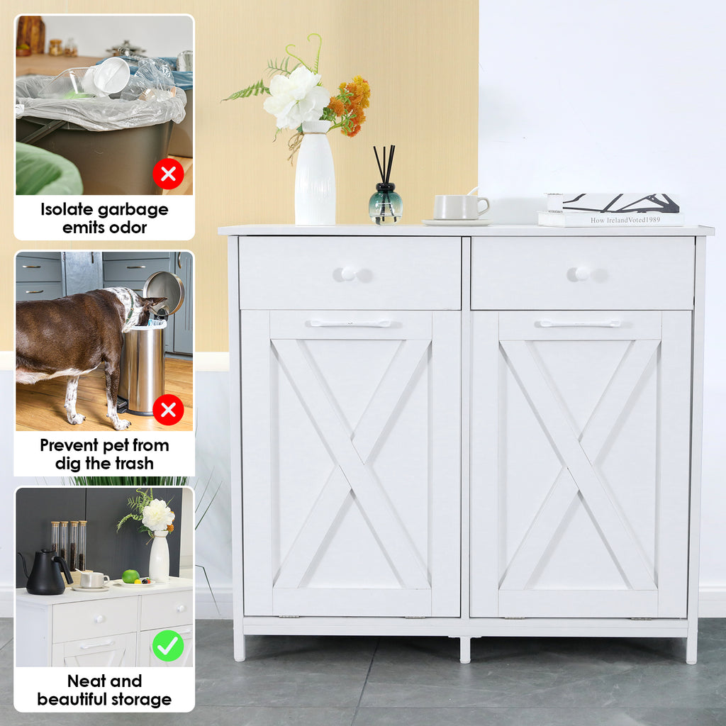 TLSUNNY Dual Tilt-Out Trash Cabinet, Freestanding Recycling Station with Drawer for Living Room/Kitchen