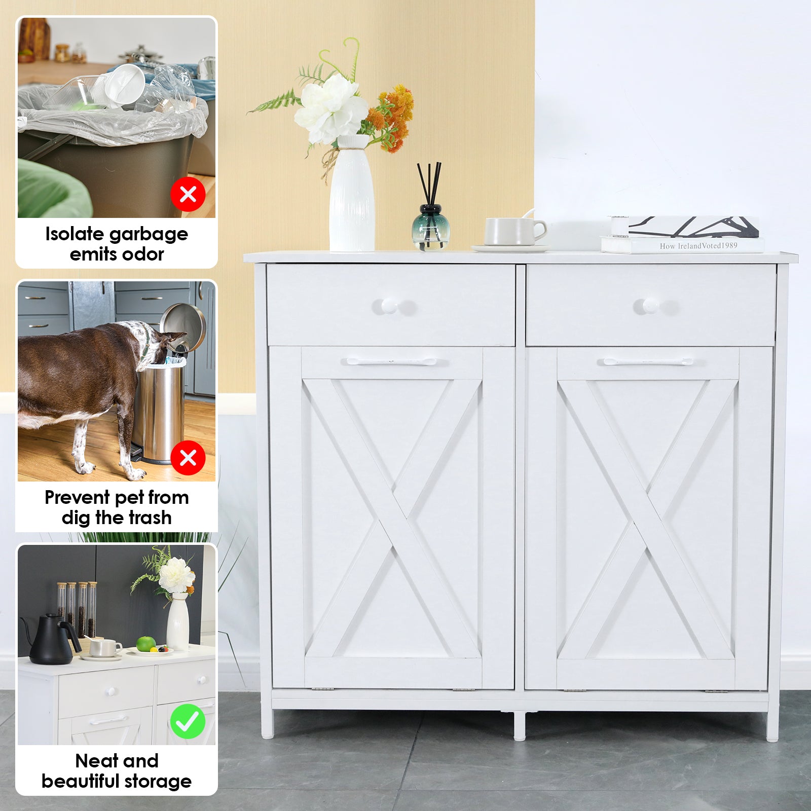 TLSUNNY Dual Tilt-Out Trash Cabinet, Freestanding Recycling Station with Drawer for Living Room/Kitchen