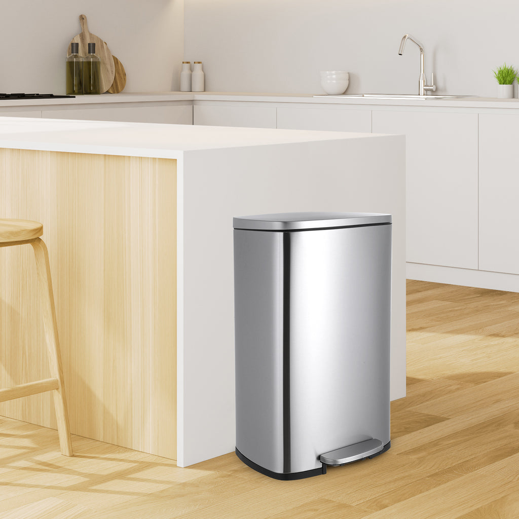 TLSUNNY 8/13.2 Gallon Step Trash Can, Stainless Steel Garbage Bin, Soft-Close Rubbish Bin with Removable Plastic Inner Bucket, Fingerprint-Proof, Lid Dustbin, Suit for Kitchen Home