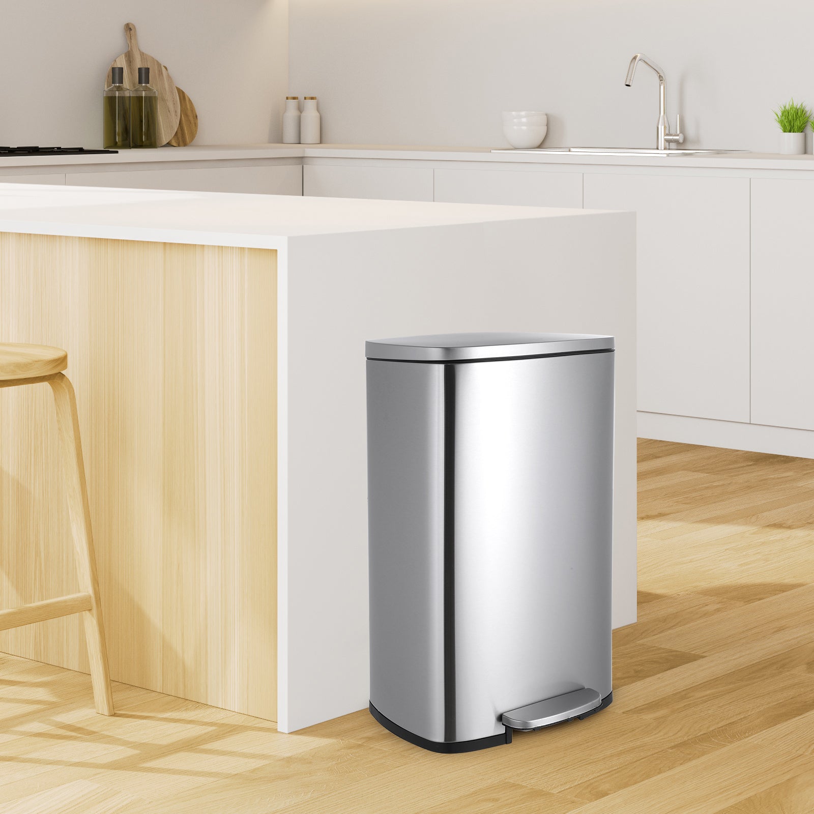 TLSUNNY 8/13.2 Gallon Step Trash Can, Stainless Steel Garbage Bin, Soft-Close Rubbish Bin with Removable Plastic Inner Bucket, Fingerprint-Proof, Lid Dustbin, Suit for Kitchen Home