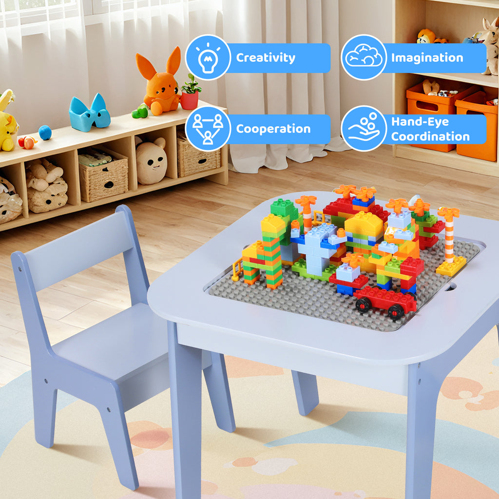 TLSUNNY Kids Table and 2 Chairs Set with Storage, Toddler Activity Table Set, Blackboard, Whiteboard & Building Blocks Tabletop, for Kids Ages 3+