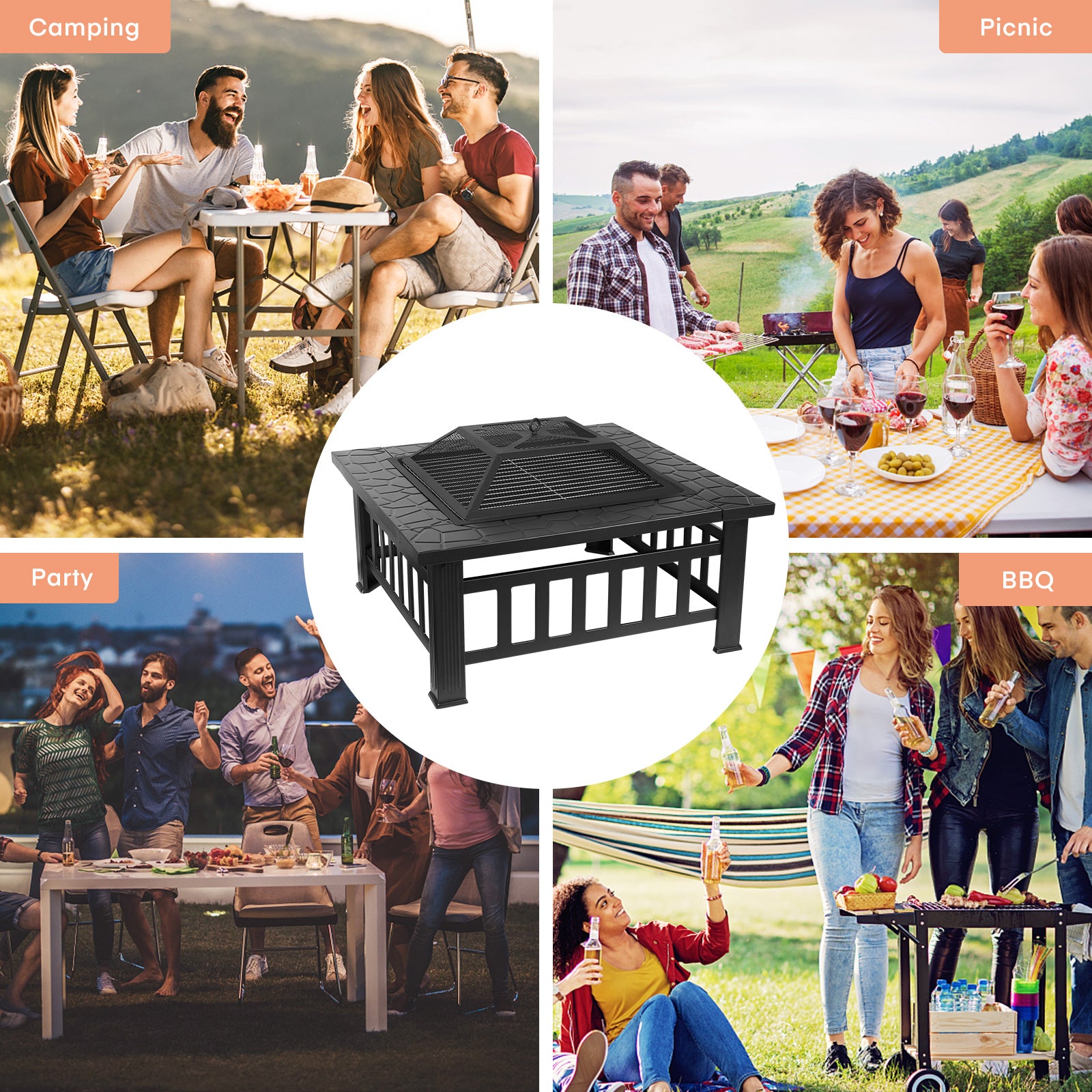 TLSUNNY 32'' Metal Fire Pits for Outside, Square Wood Burning Firepit Table, for Outdoor Patio Backyard Bonfire Party