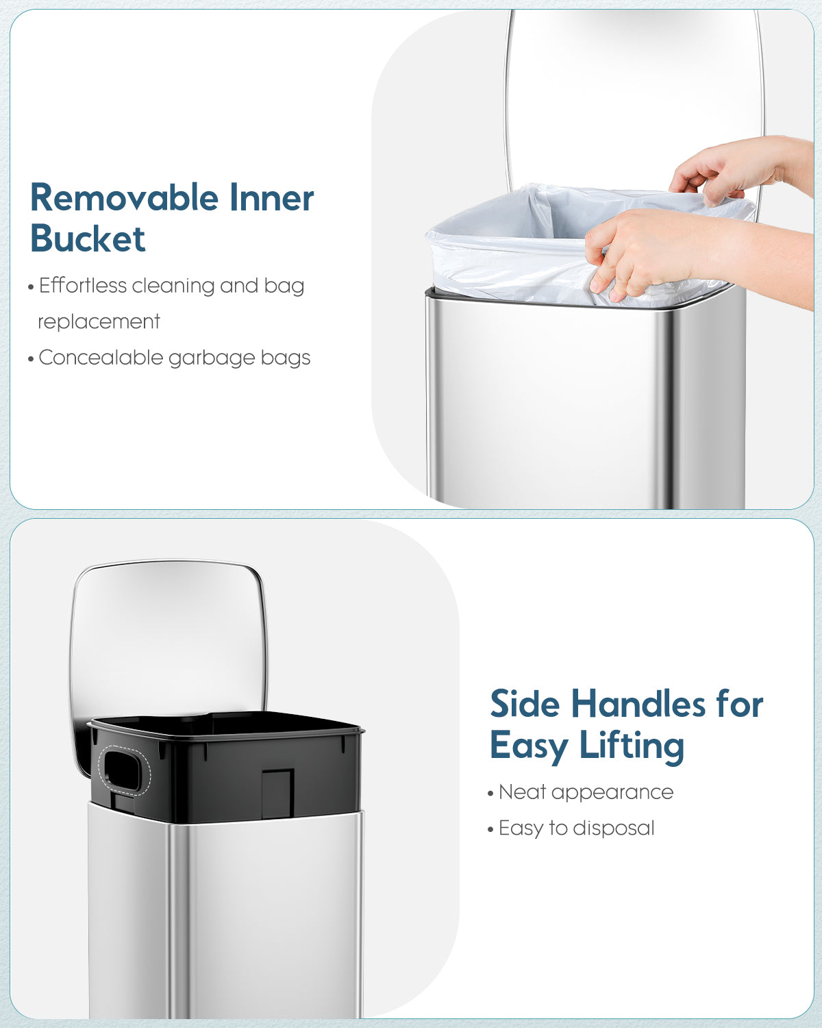 TLSUNNY 8 Gal/30L Square Trash Can, Fingerprint-Proof Stainless Steel Step Garbage Bin, Soft-Close Lid & Removable Bucket for Kitchen, Office, Home