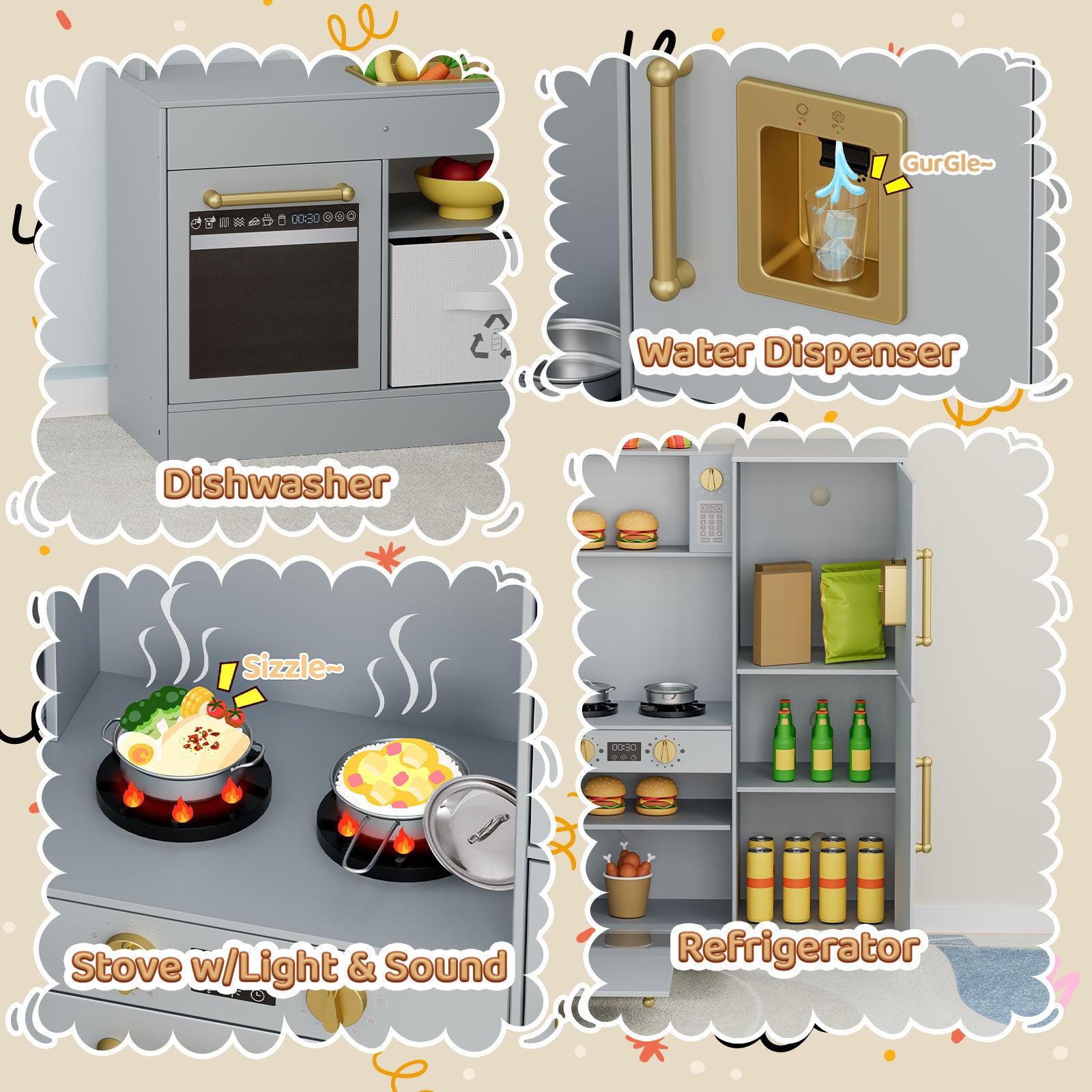 TLSUNNY Corner Play Kitchen with Lights & Sounds, Sink, Fridge, Microwave & Storage, Wooden Toddler Toy for Ages 3+