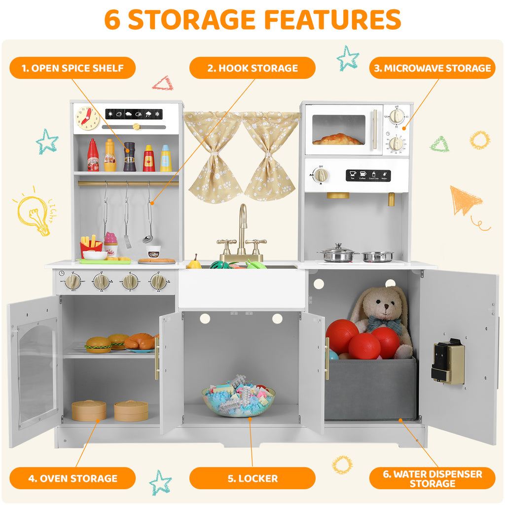 TLSUNNY Kids Play Kitchen with Realistic Lights & Sounds, Wooden Toy Pretend Play Kitchen Set w/ Sink, Faucet, Microwave, Curtain for Ages 3+