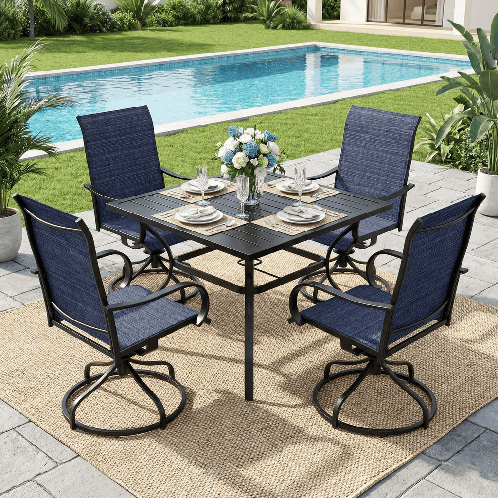 TLSUNNY Patio Dining Table, w/ Adjustable Umbrella Hole & Foot Pads, Metal Outdoor Table w/ Non-Rust E-coating, All Weather for Backyard Lawn Balcony Poolside