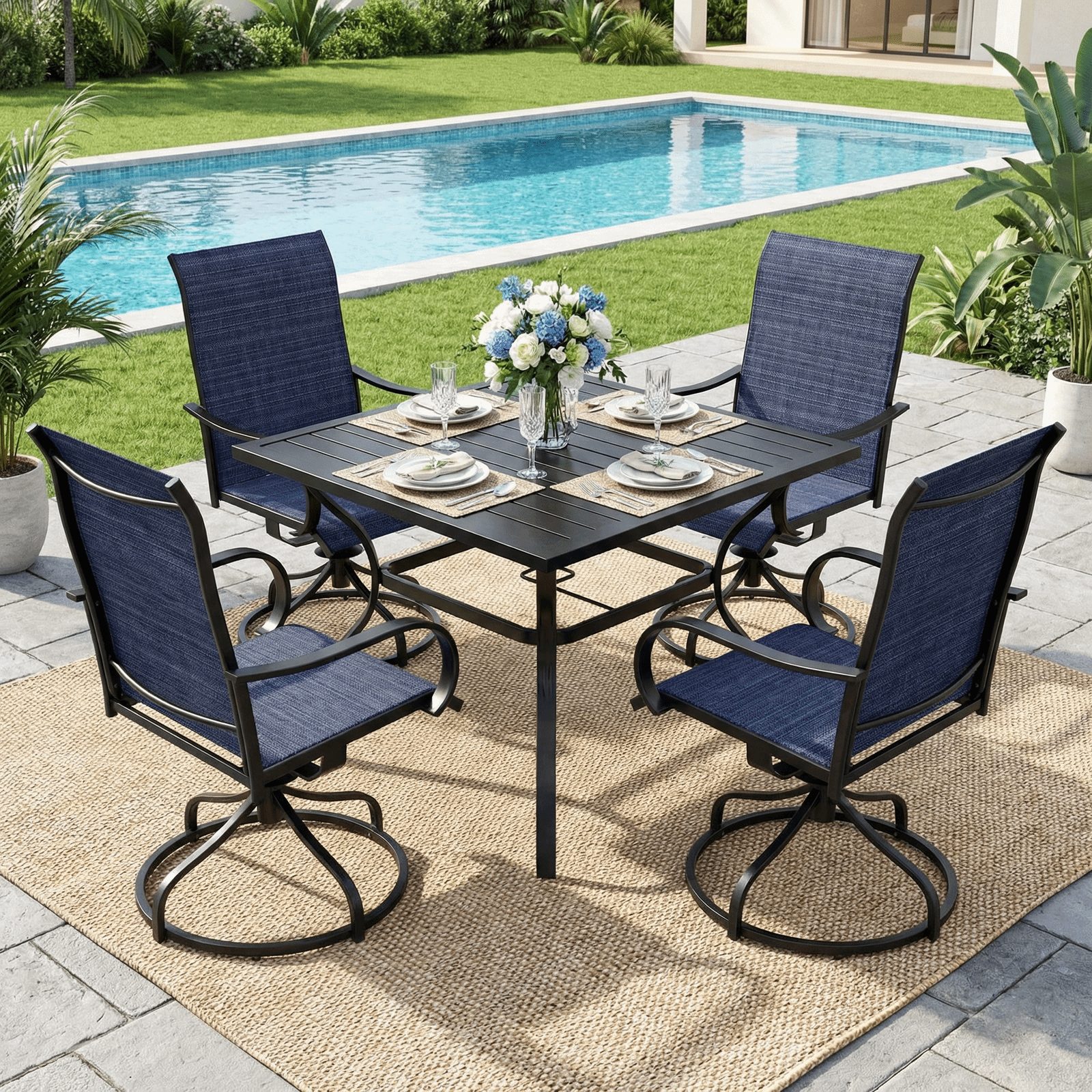 TLSUNNY Patio Dining Table, w/ Adjustable Umbrella Hole & Foot Pads, Metal Outdoor Table w/ Non-Rust E-coating, All Weather for Backyard Lawn Balcony Poolside