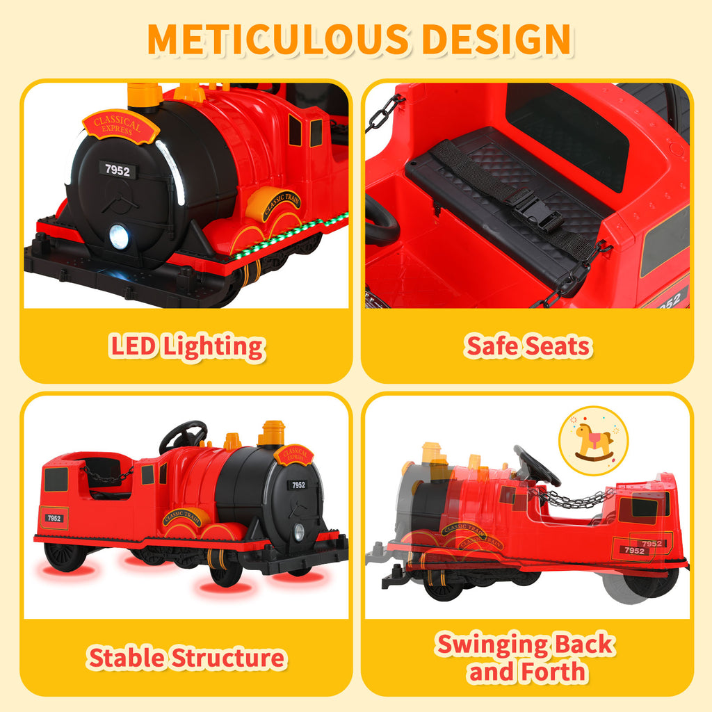 TLSUNNY Kids Ride On Train Trackless, 12V Kids Battery Powered Electric Train w/ Lights & Music, Detachable Carriage, Storage, for Toddlers