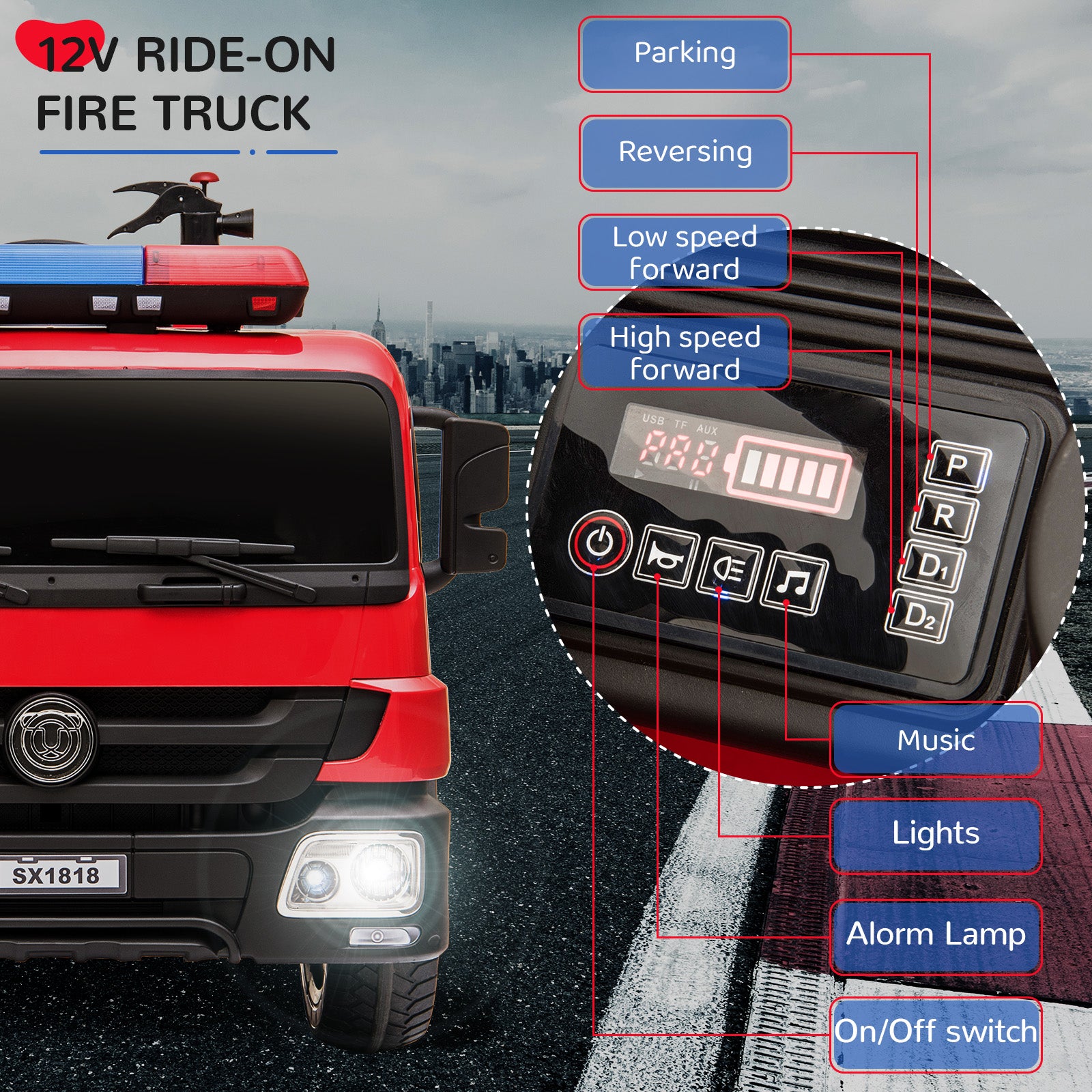 TLSUNNY 12V Ride on Fire Truck, w/Parent Remote Control,  Siren-Call, Flashing Lights, Fire Extinguishers, for Kids Age 3+