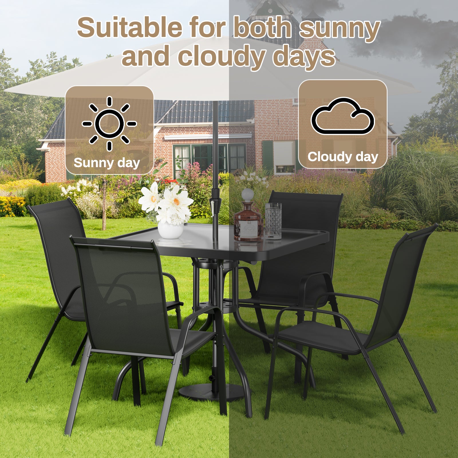 TLSUNNY Outdoor Dining Set of 5, Square Glass Top Table with Umbrella Hole and 4 Stackable Textilene Chairs, for Patio, Backyard, Porch, Lawn Use