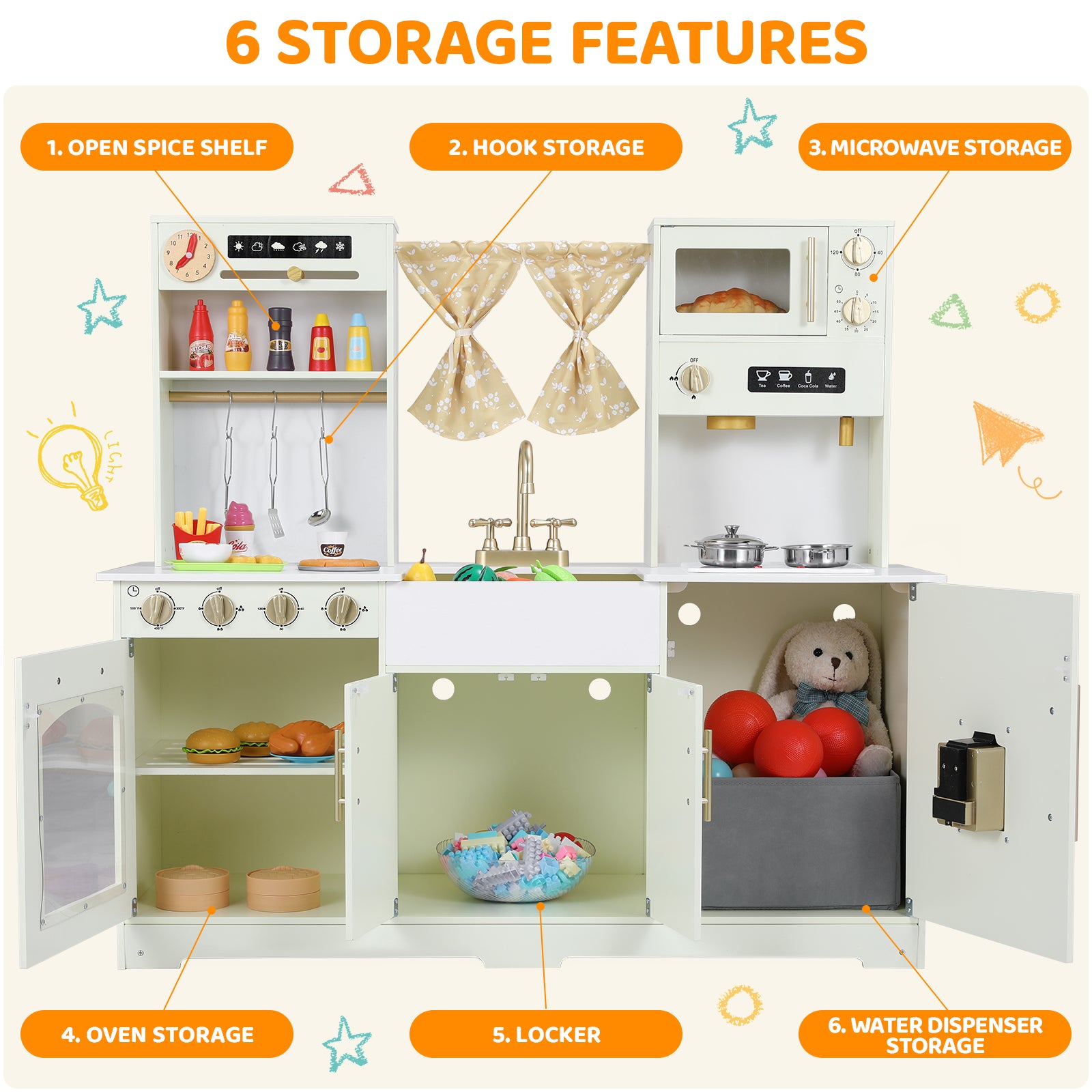 TLSUNNY Kids Play Kitchen with Realistic Lights & Sounds, Wooden Toy Pretend Play Kitchen Set w/ Sink, Faucet, Microwave, Curtain for Ages 3+