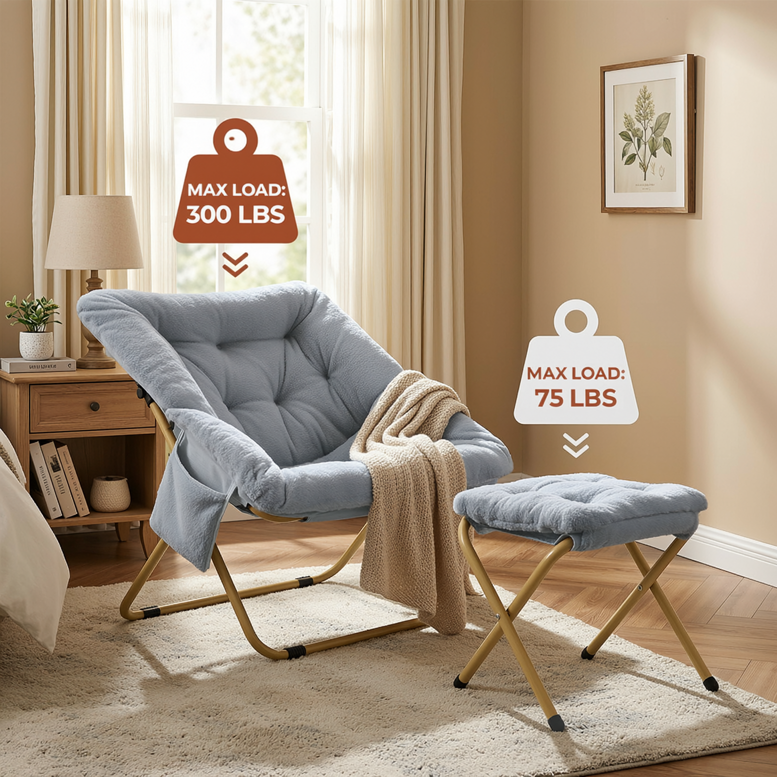 TLSUNNY Foldable Lazy Chair/Foldable Saucer Chair with Ottoman, Comfy Saucer Chair, Soft Faux Fur Reading Lounge Chair, for Living Room, Bedroom, Dorms, Teens Adults