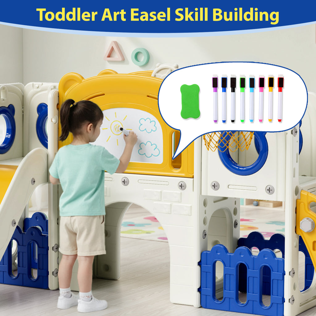 TLSUNNY 10-in-1 Kids Slide & Climber Set, with Basketball Hoop, Telescope, Drawing Board, Tunnel, Indoor Outdoor Toddler Playset