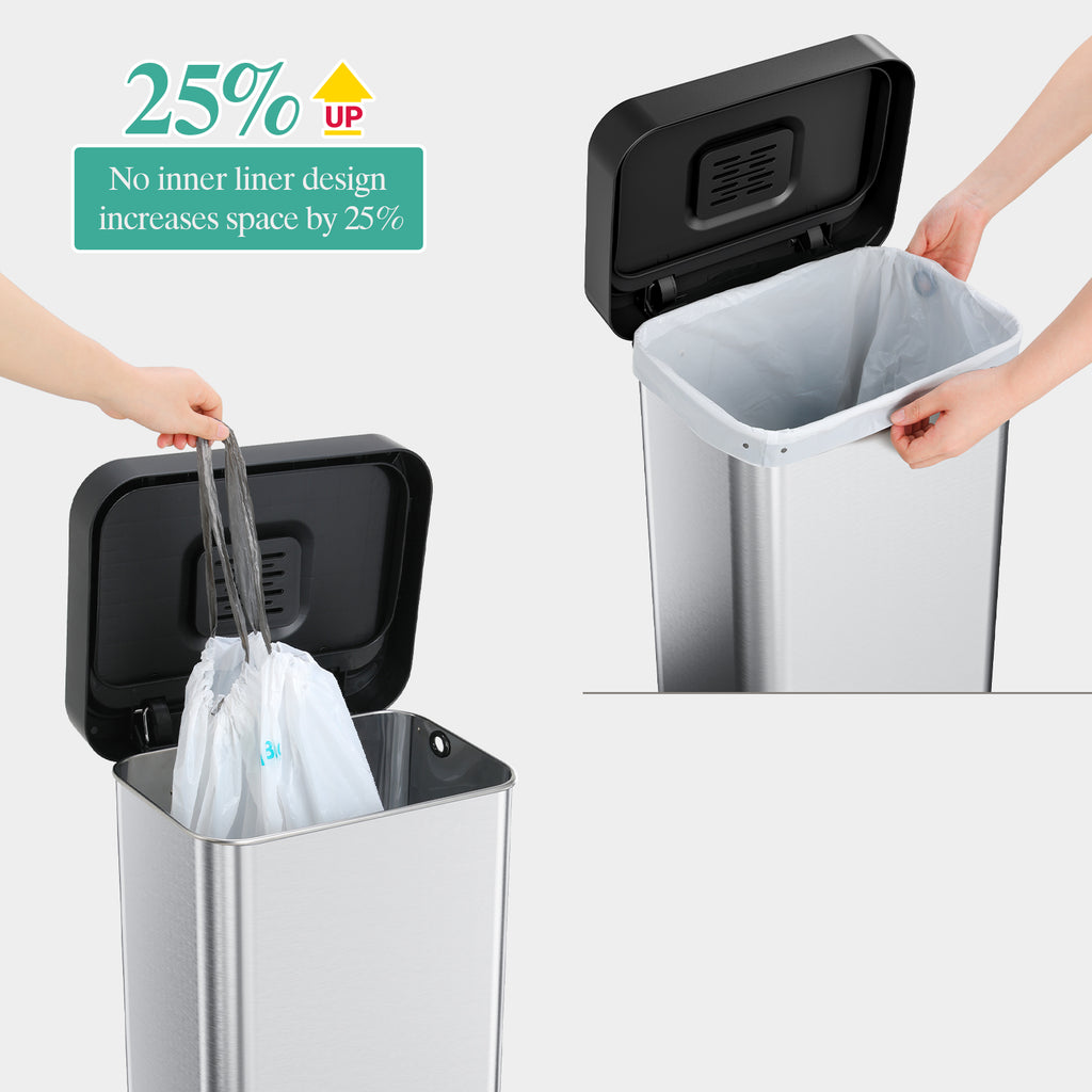 TLSUNNY 13.2 Gal Stainless Steel Trash Can, with 15 Trash Bags & Odor Control, Step-on Pedal Bin with Soft-Close Lid, No Inner Bucket, for Kitchen/Office