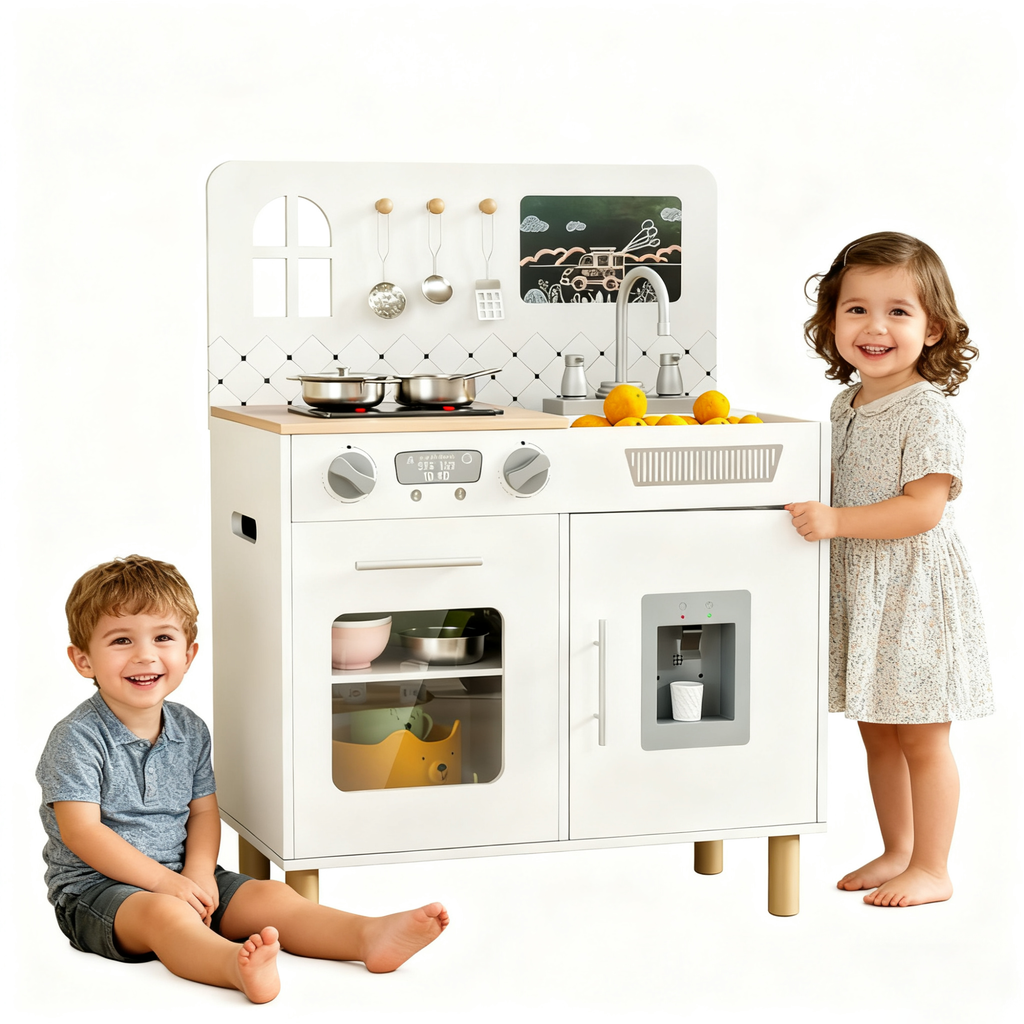 TLSUNNY Kids Play Kitchen Set, w/ Realistic Lights & Knob Sounds, Wooden Play Kitchen with Water Dispenser & Chalkboard for Age 3+