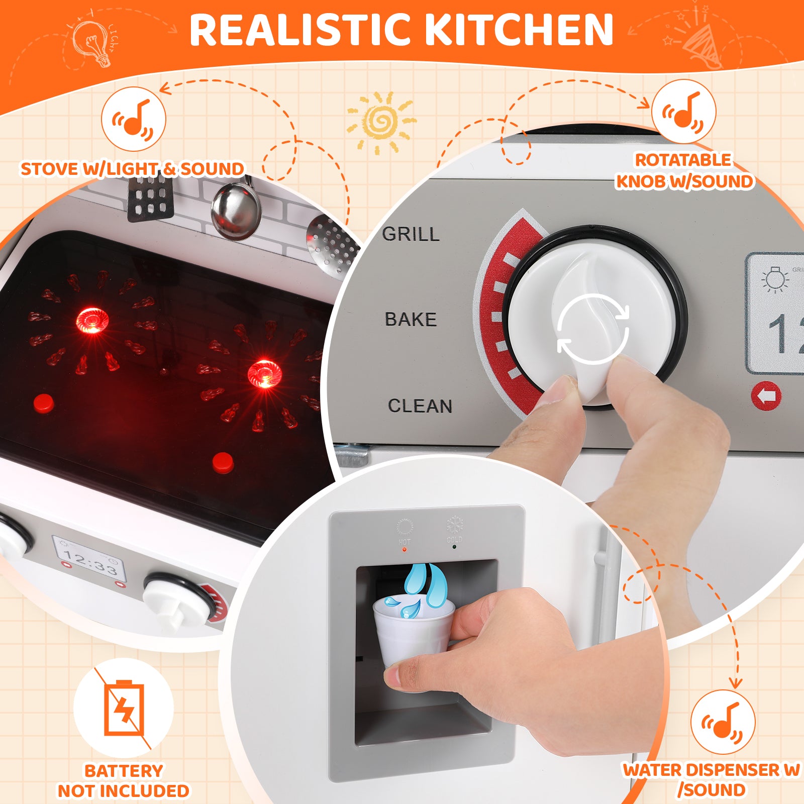 TLSUNNY Kids Play Kitchen, w/ Realistic Lights & Sounds, Washing Machine, Water Dispenser & Stove, Wooden Kitchen Playset for Toddlers Ages 3+