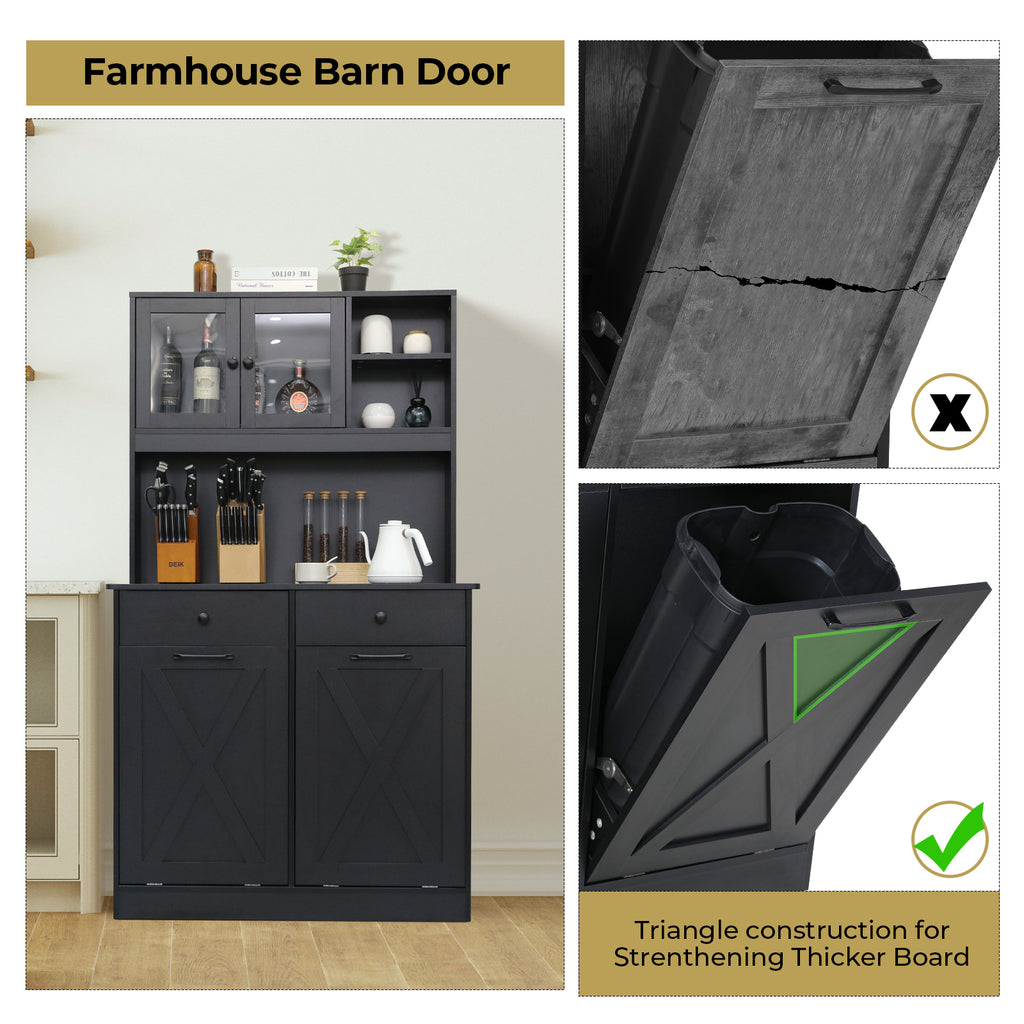 TLSUNNY Double Tilt-Out Trash Cabinet, Freestanding Hidden Garbage Storage w/ Drawers & Shelves for Kitchen/Laundry Room