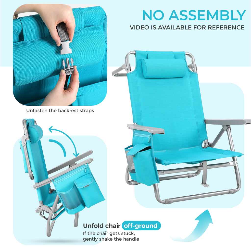 TLSUNNY Backpack Beach Chair Set of 1/2, Outdoor 5-Level Adjustable Folding Chair, w/ Cup Holder, Headrest, Storage Bag, Cooler Pouch, for Camping