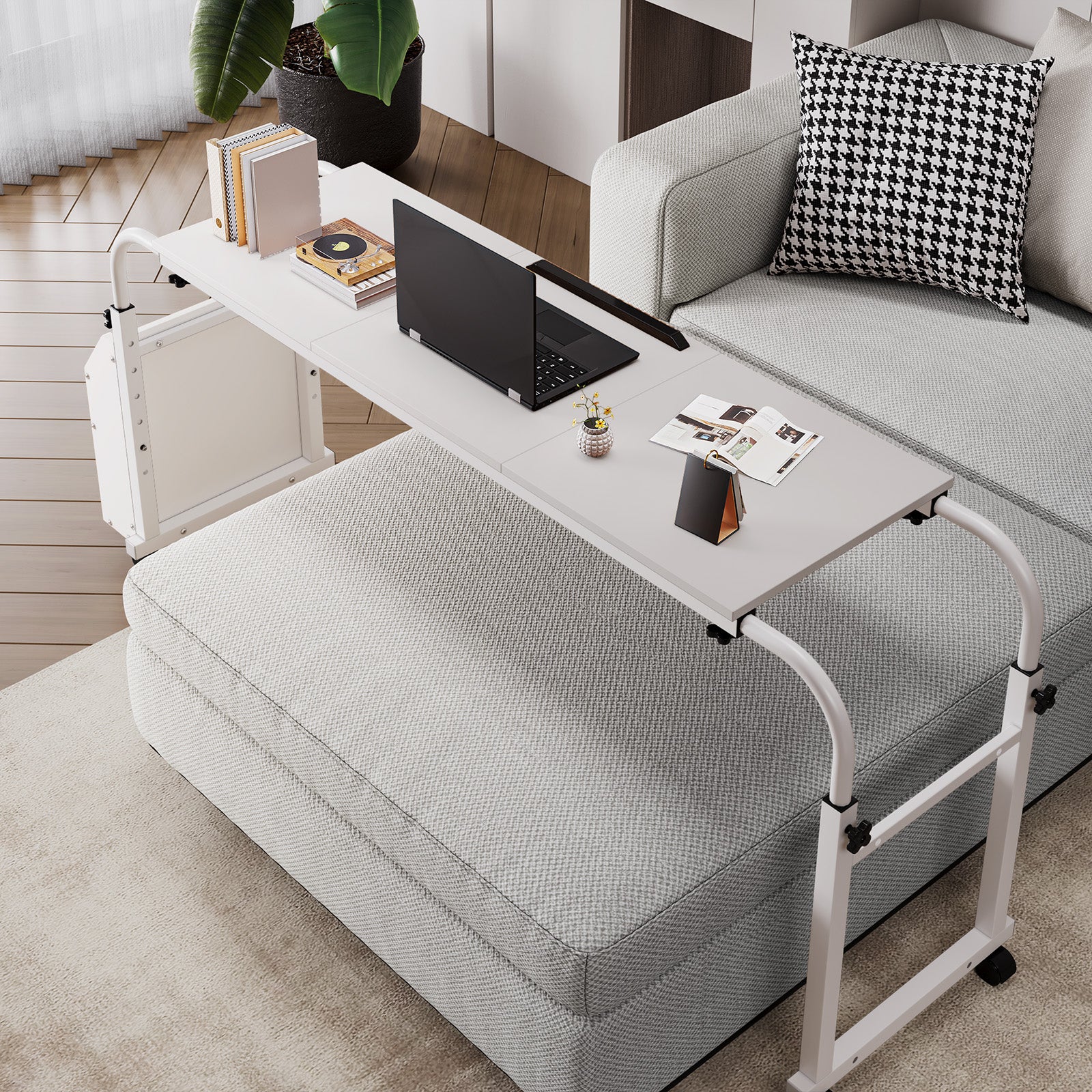 TLSUNNY Adjustable Overbed Table with Wheels, Height & Length Adjustable Laptop Cart w/ Tilt Stand, Side Storage Basket for King/Queen Beds