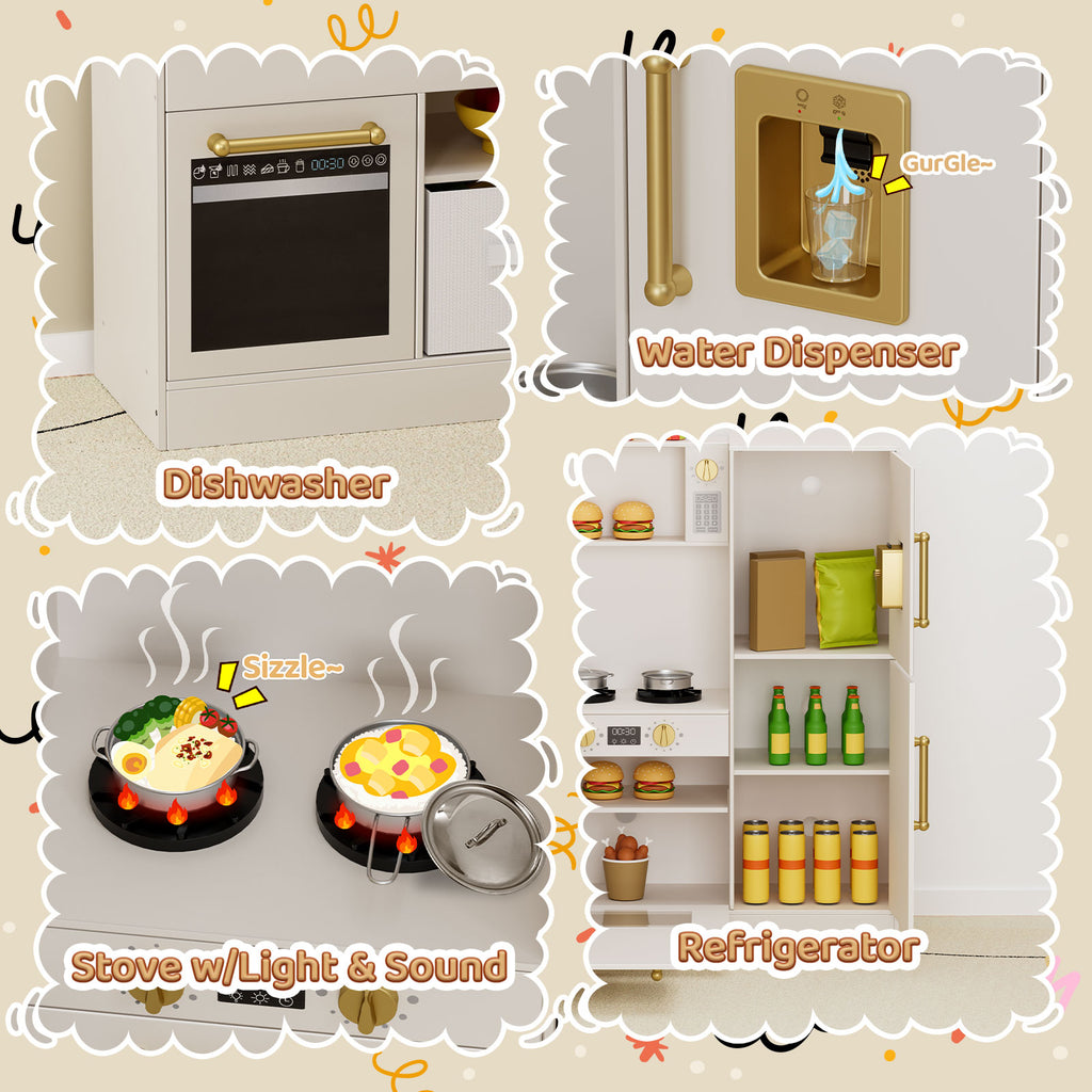 TLSUNNY Corner Play Kitchen with Lights & Sounds, Sink, Fridge, Microwave & Storage, Wooden Toddler Toy for Ages 3+