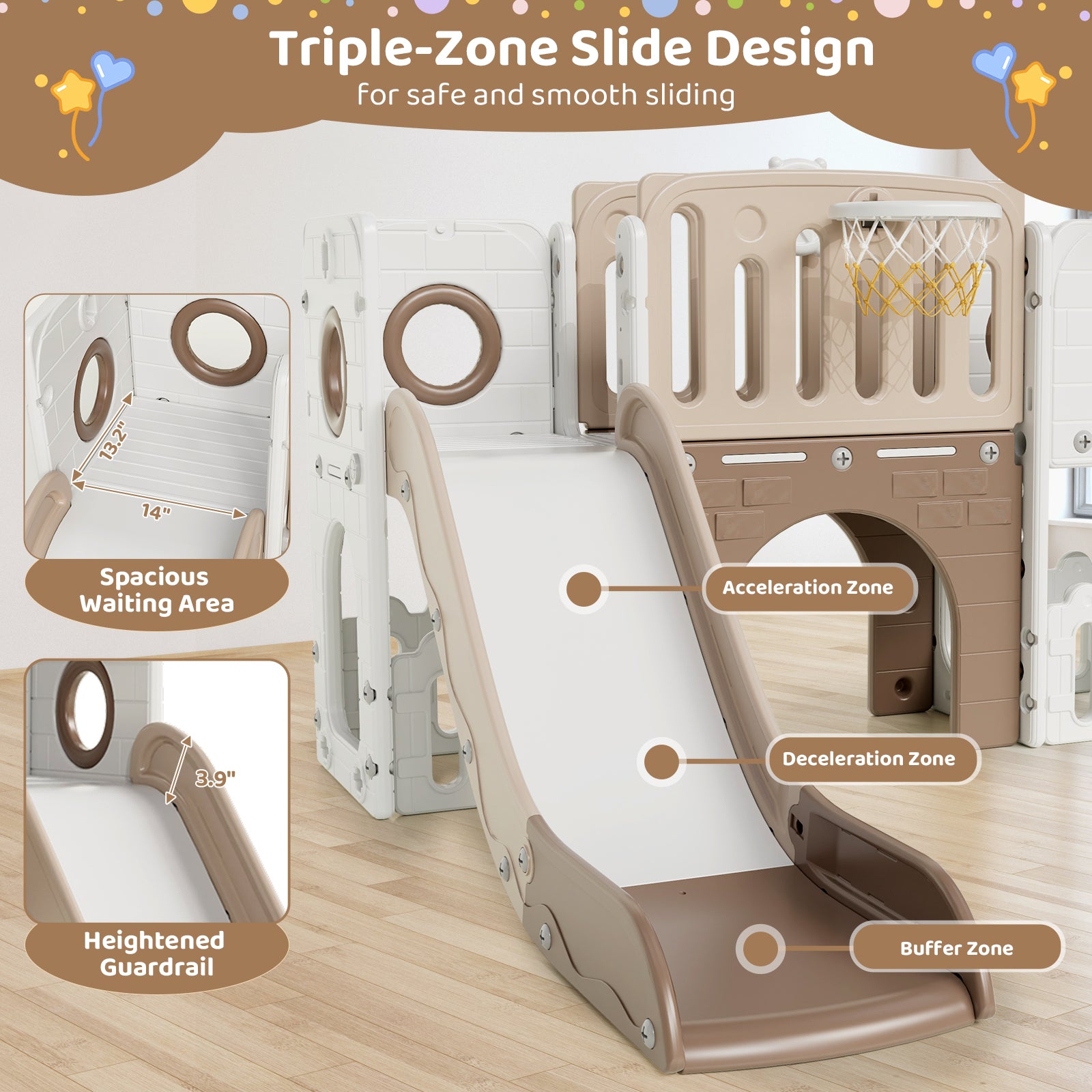 TLSUNNY 9-in-1 Kids Slide & Climber Set, with Basketball Hoop, Telescope & Tunnel, Indoor Outdoor Toddler Playset