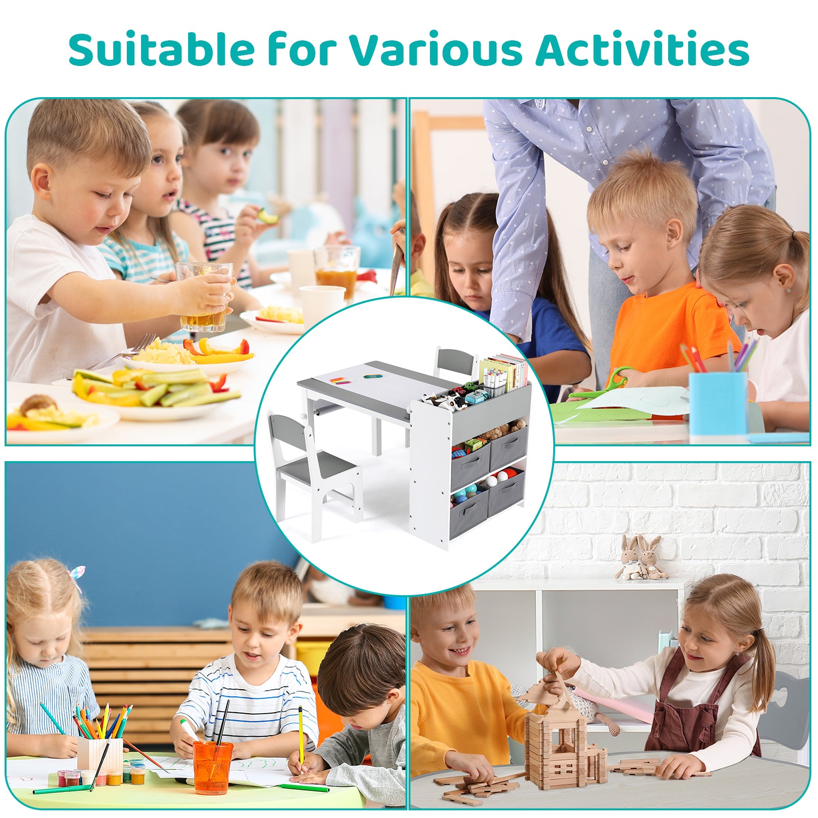 TLSUNNY Kids Art Table and 2 Chairs, Massive Storage, Toddler Craft Desk Set, w/ Paper Roll & 4 Storage Bins, Age 3+