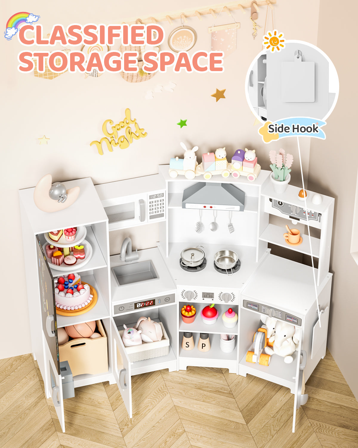 TLSUNNY Toddler Wooden Play Kitchen, with Chalk Board, Washer Dryer, Stove Sound & Range Hood, Cookware for Kids Ages 3+