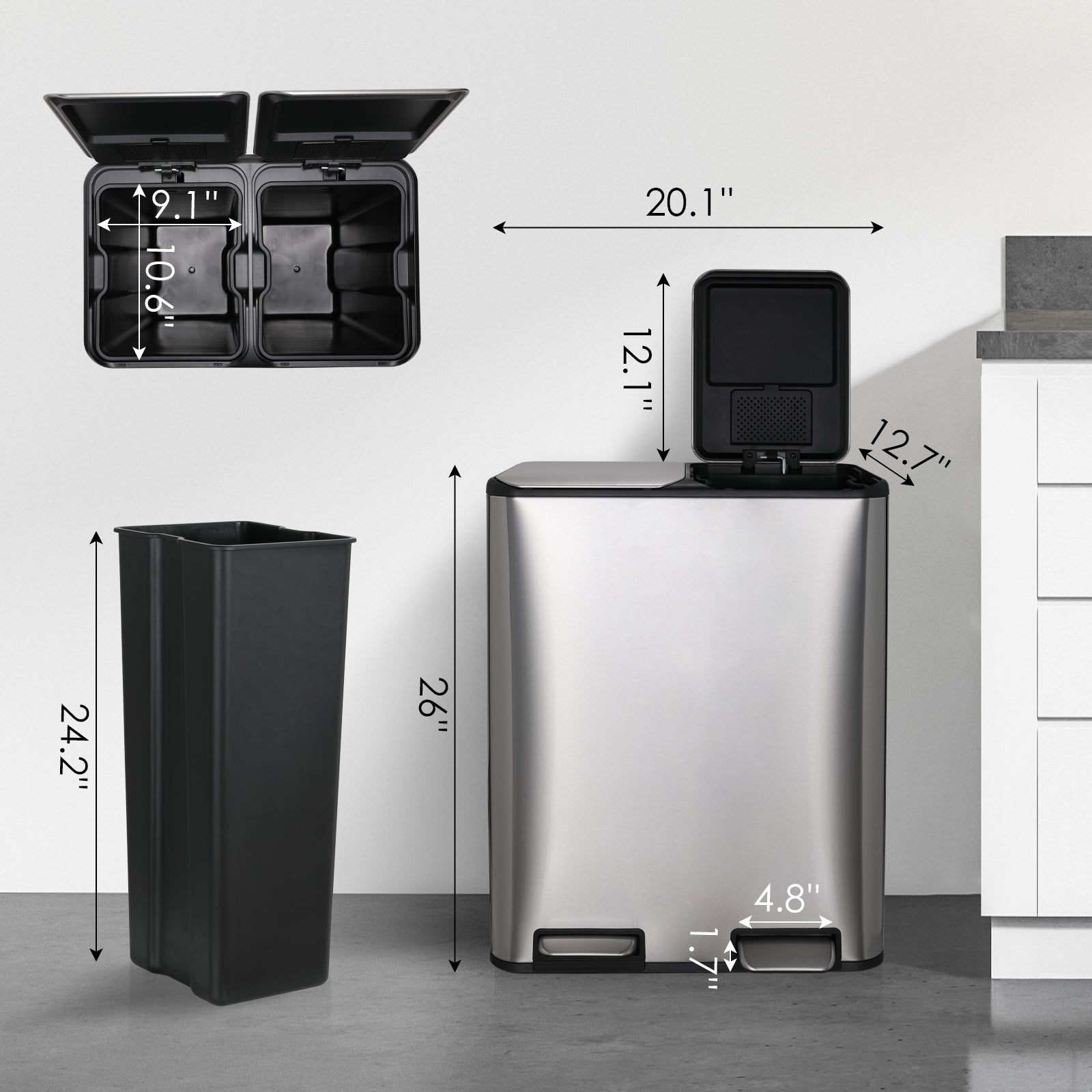 TLSUNNY 16 Gal / 60 L Dual Trash Can, Double Lid Step Bin w/ 2 Odor Control Box & Inner Buckets, for Living Room, Bathroom, Kitchen