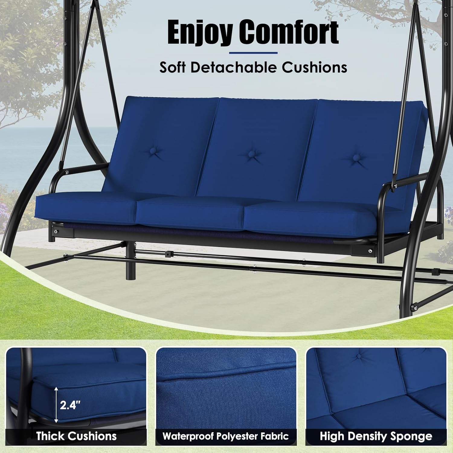 TLSUNNY Canopy Swing Chair Set, 3-Seat Outdoor Swing Chair with Stand & Removable Seat Cushion, for Patio, Backyard, Balcony Relaxation, Supports 750lbs