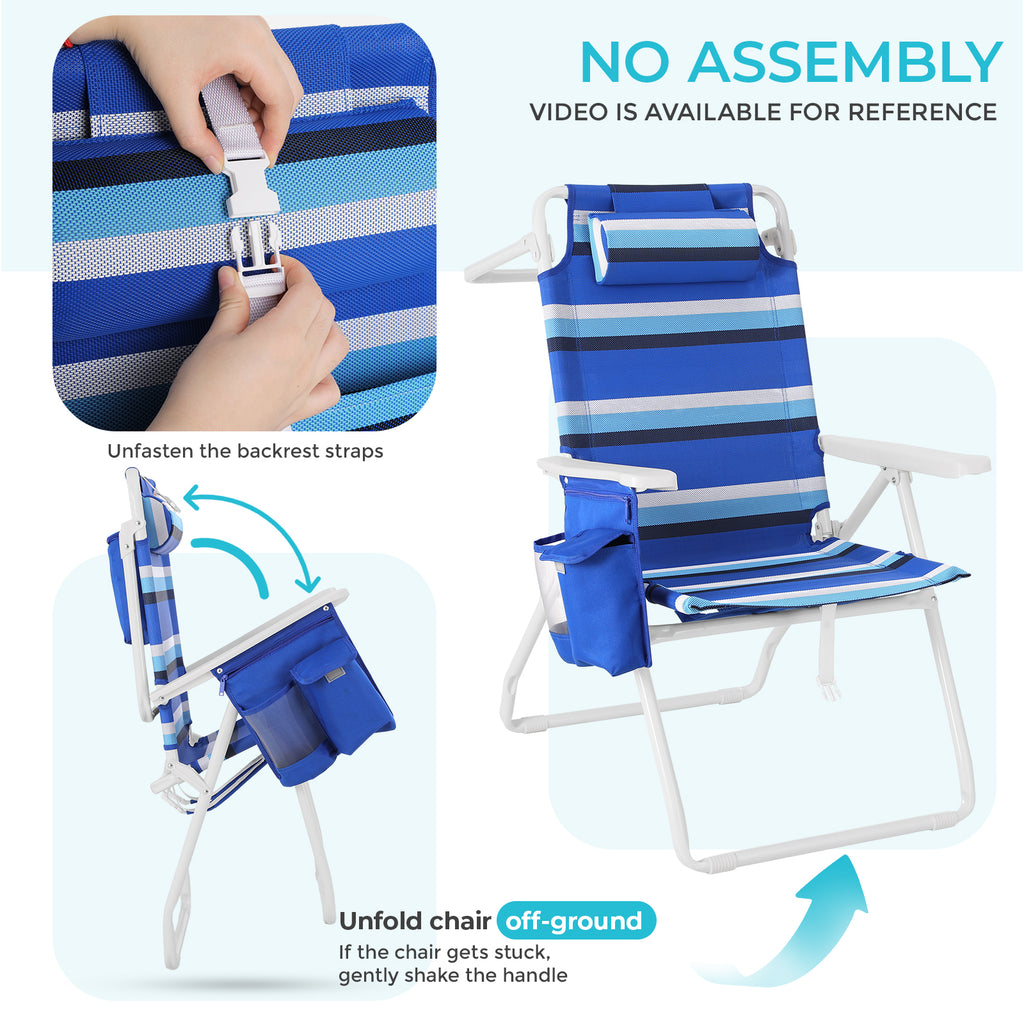 TLSUNNY Backpack Beach Chair Set of 1/2, Outdoor 5-Level Adjustable Folding Chair, w/ Cup Holder, Headrest, Storage Bag, Cooler Pouch, for Camping