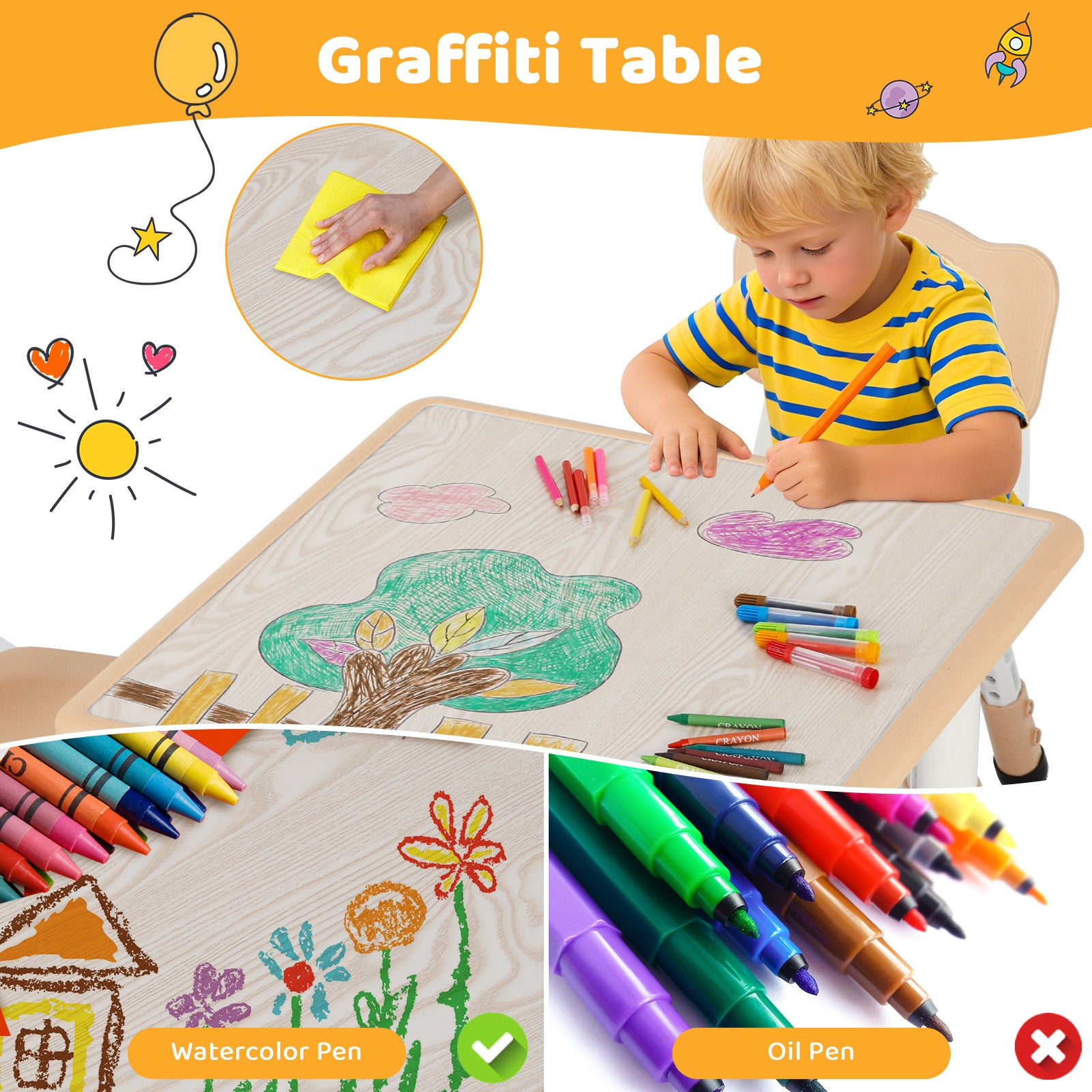 TLSUNNY Kids Table and 2 Chairs Set, Height Adjustable Toddler Play Activity Table Set with Graffiti Desktop, for Playroom, Daycare