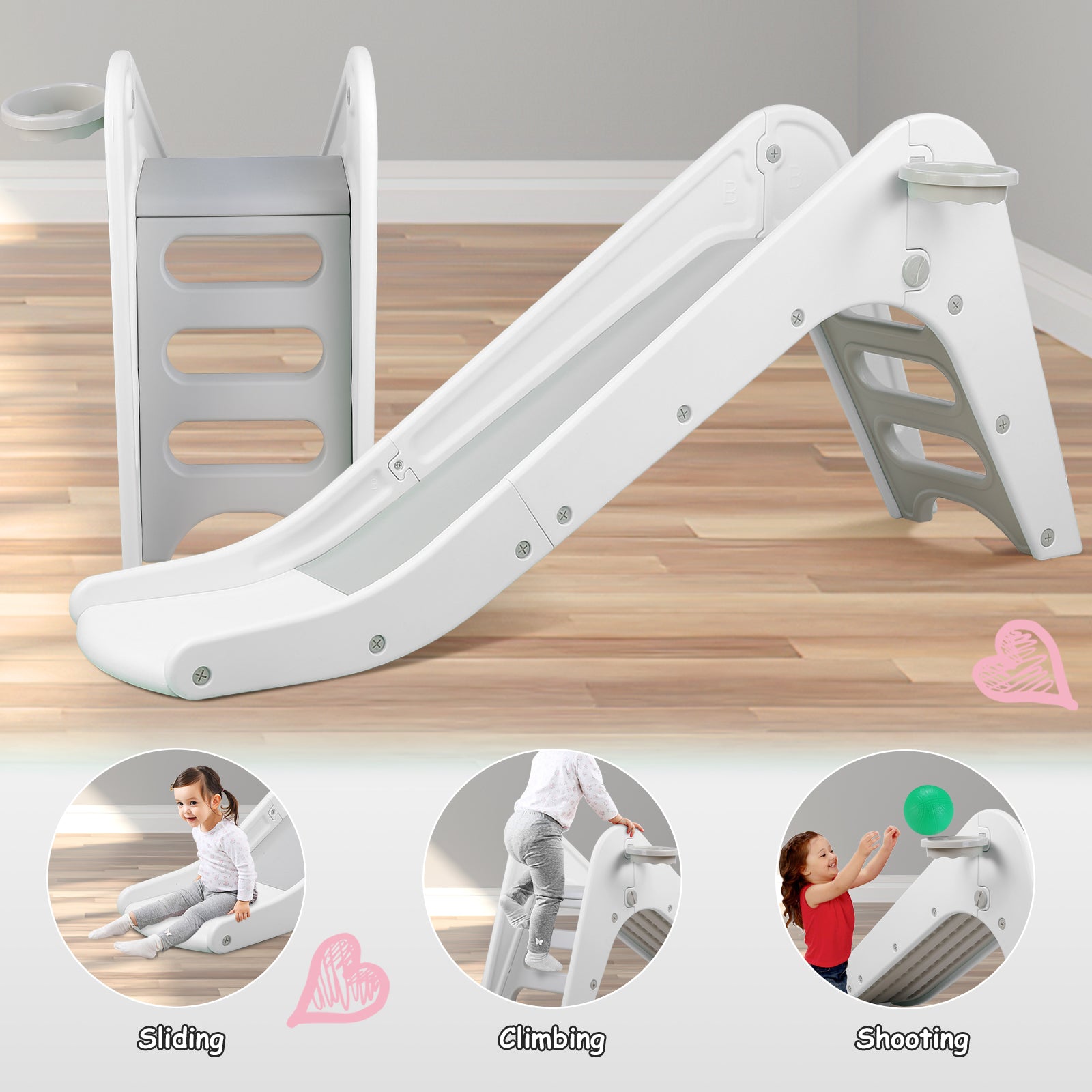 TLSUNNY Kids Slide Climber Set with Basketball Hoop, Durable Freestanding Stair Slides for Indoor Outdoor Play