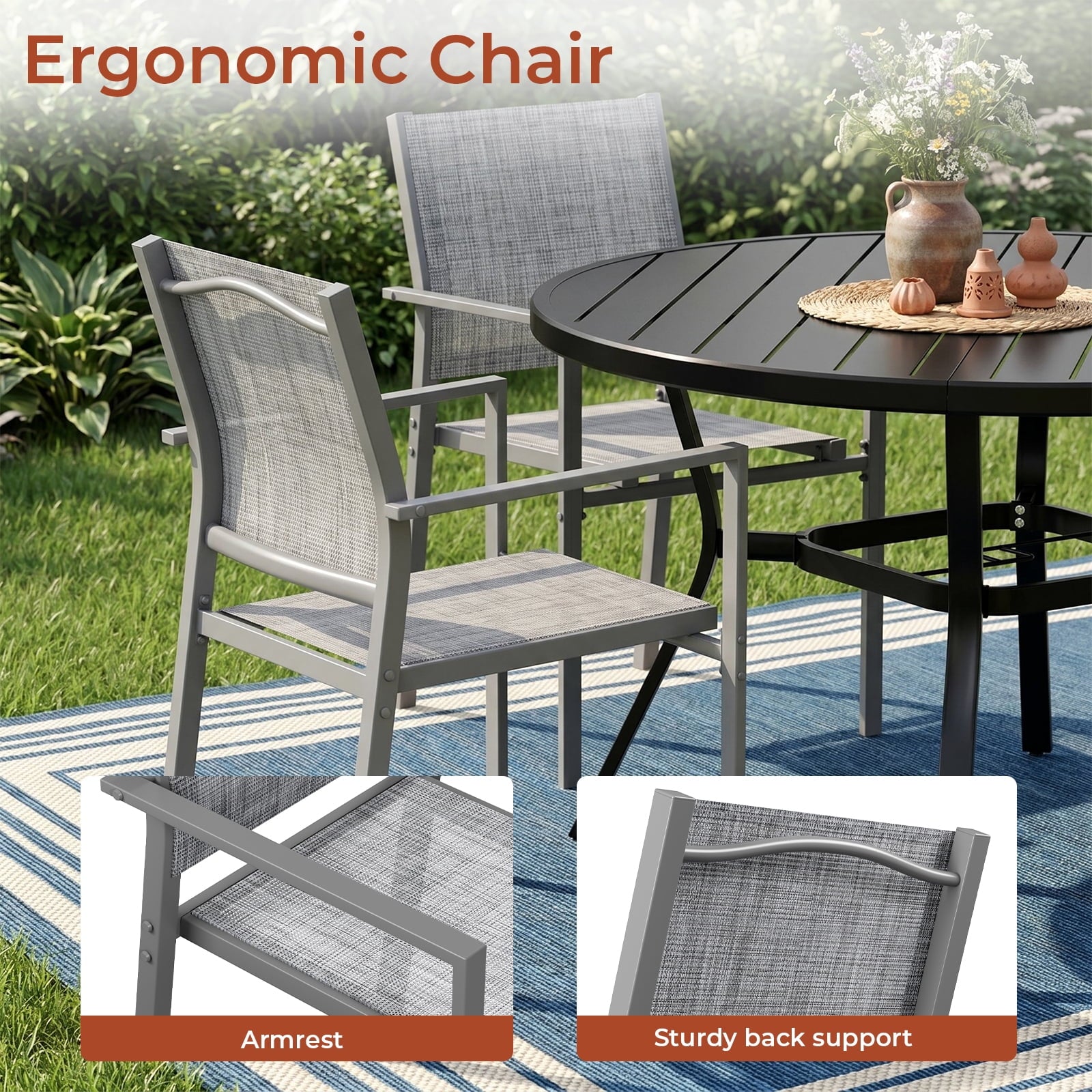 TLSUNNY Patio Dining Chairs Set of 4/6, w/ Metal Frame & Armrest, Outdoor Stackable Dining Furniture, All Weather for Garden, Backyard, Deck, Lawn, Poolside