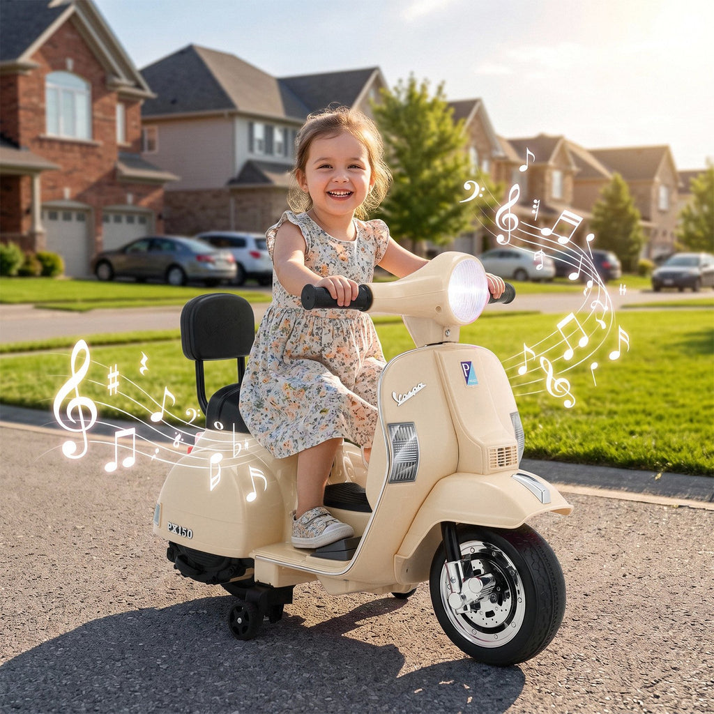 TLSUNNY Kids Licensed Vespa PX150 Electric Motorcycle, 6V Ride On Scooter W/ Training Wheels, Stable 4-Wheel Structure, Ideal Moped for Ages 3+