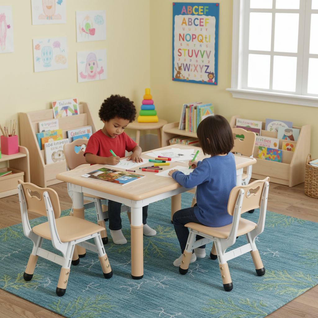 TLSUNNY Kids Table and 4 Chairs, Adjustable Height Childrens Activity Set with Graffiti Desktop & Anti-Slip Legs, for Daycare Classroom Home