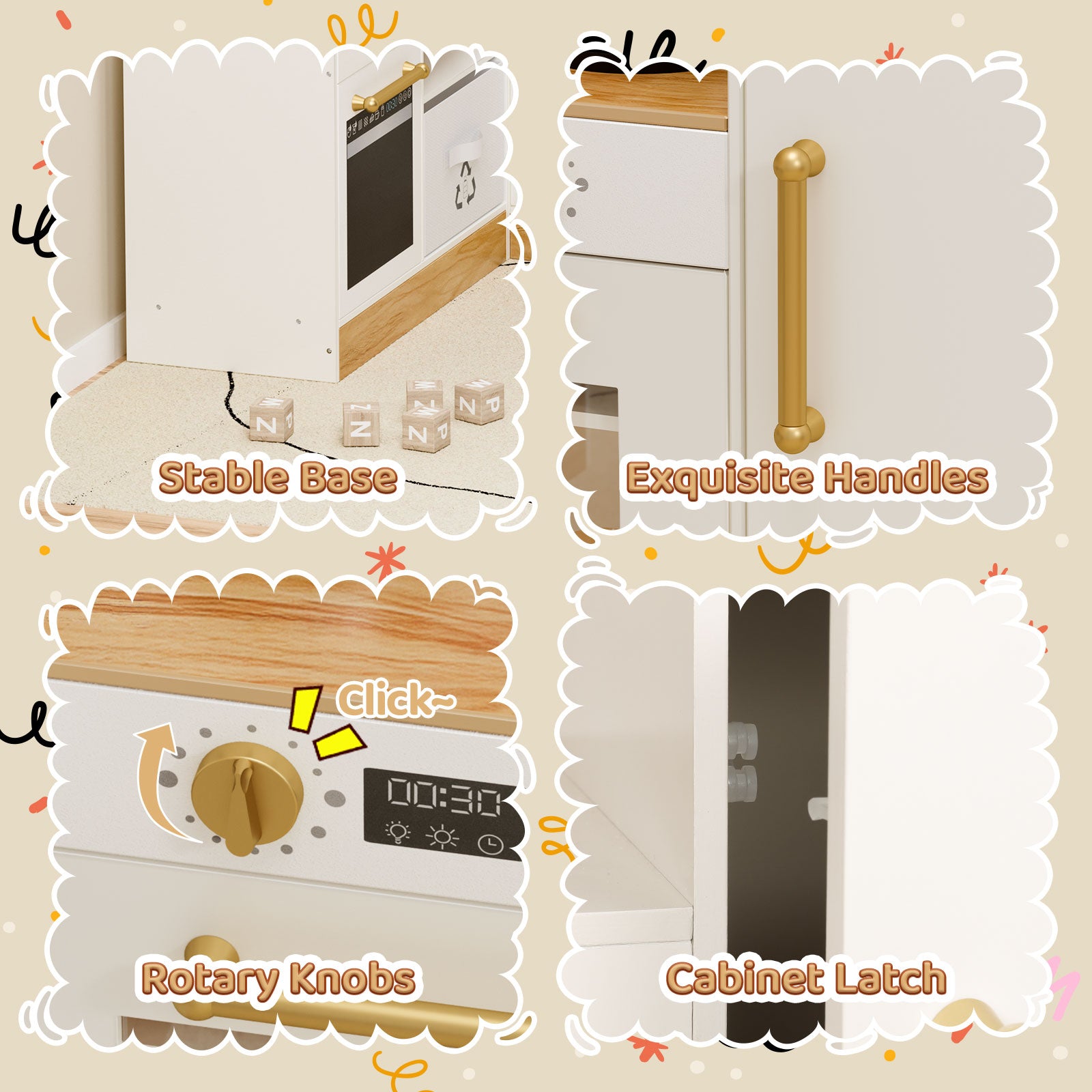 TLSUNNY Corner Play Kitchen with Lights & Sounds, Sink, Fridge, Microwave & Storage, Wooden Toddler Toy for Ages 3+