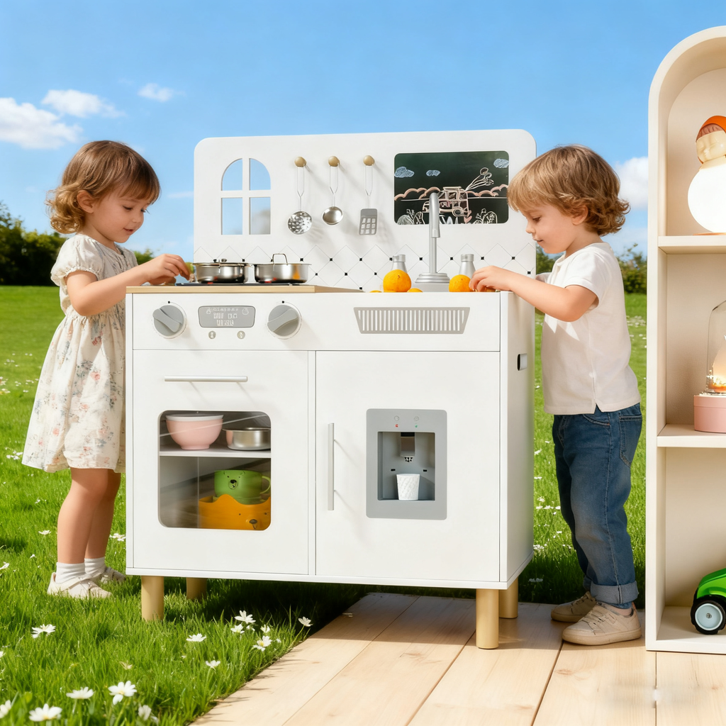 TLSUNNY Kids Play Kitchen Set, w/ Realistic Lights & Knob Sounds, Wooden Play Kitchen with Water Dispenser & Chalkboard for Age 3+