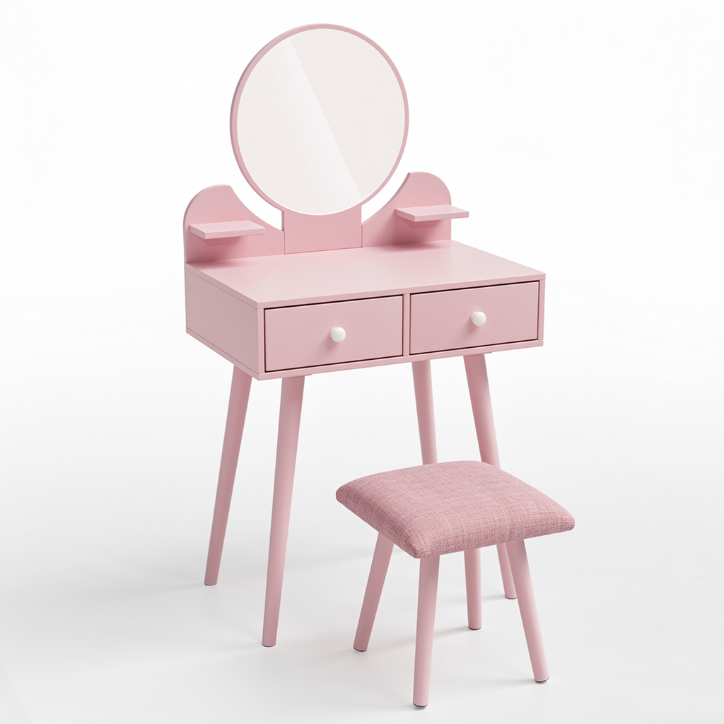 TLSUNNY Kids Princess Vanity Set, Toddlers Wooden Makeup Table & Stool with Drawer, Mirror, Detachable Top, for Little Girls