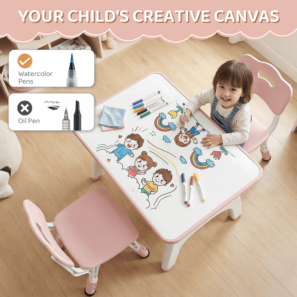 TLSUNNY Kids Table and 2 Chairs Set, Toddler Activity Table with Large Storage, Graffiti Desktop, Adjustable Height Chair with Anti-Slip Foot Covers, for Reading, Drawing, Snack Time