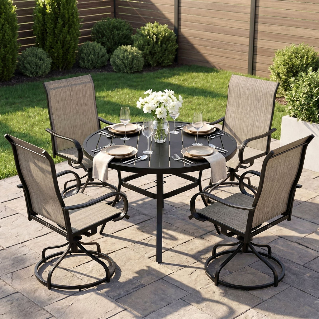 TLSUNNY Outdoor Dining Set, Patio Metal Table and Swivel Chairs Set, W/ Umbrella Hole & Foot Pads, Outdoor Furniture for Backyard, Porch, Garden