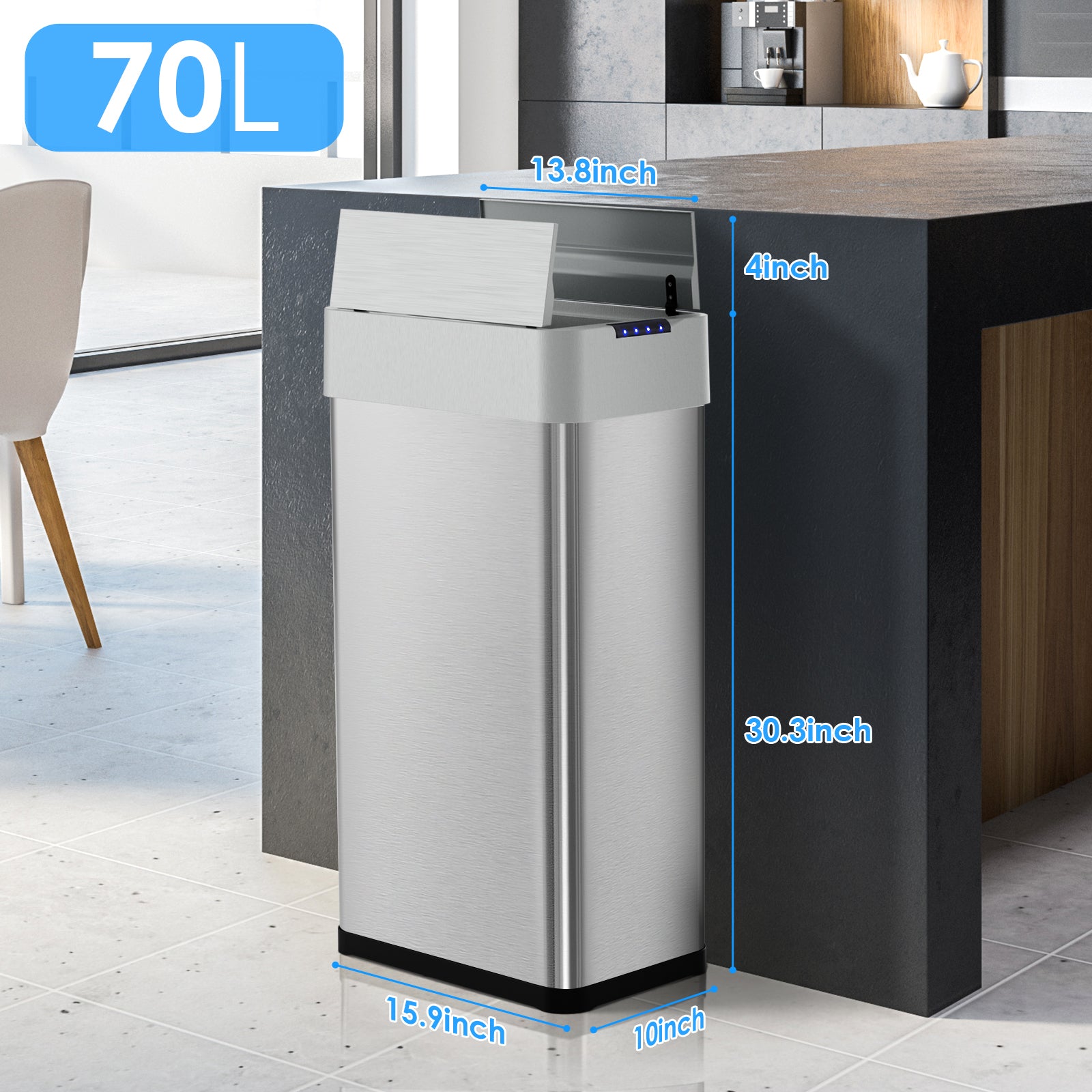 TLSUNNY 13.2/16/18.5/21.1 Gal Automatic Stainless Steel Trash Can, Motion Sensor Kitchen Garbage Can with Soft-Close, Wings-Open Touchless Trash Can for Living, Dining Room