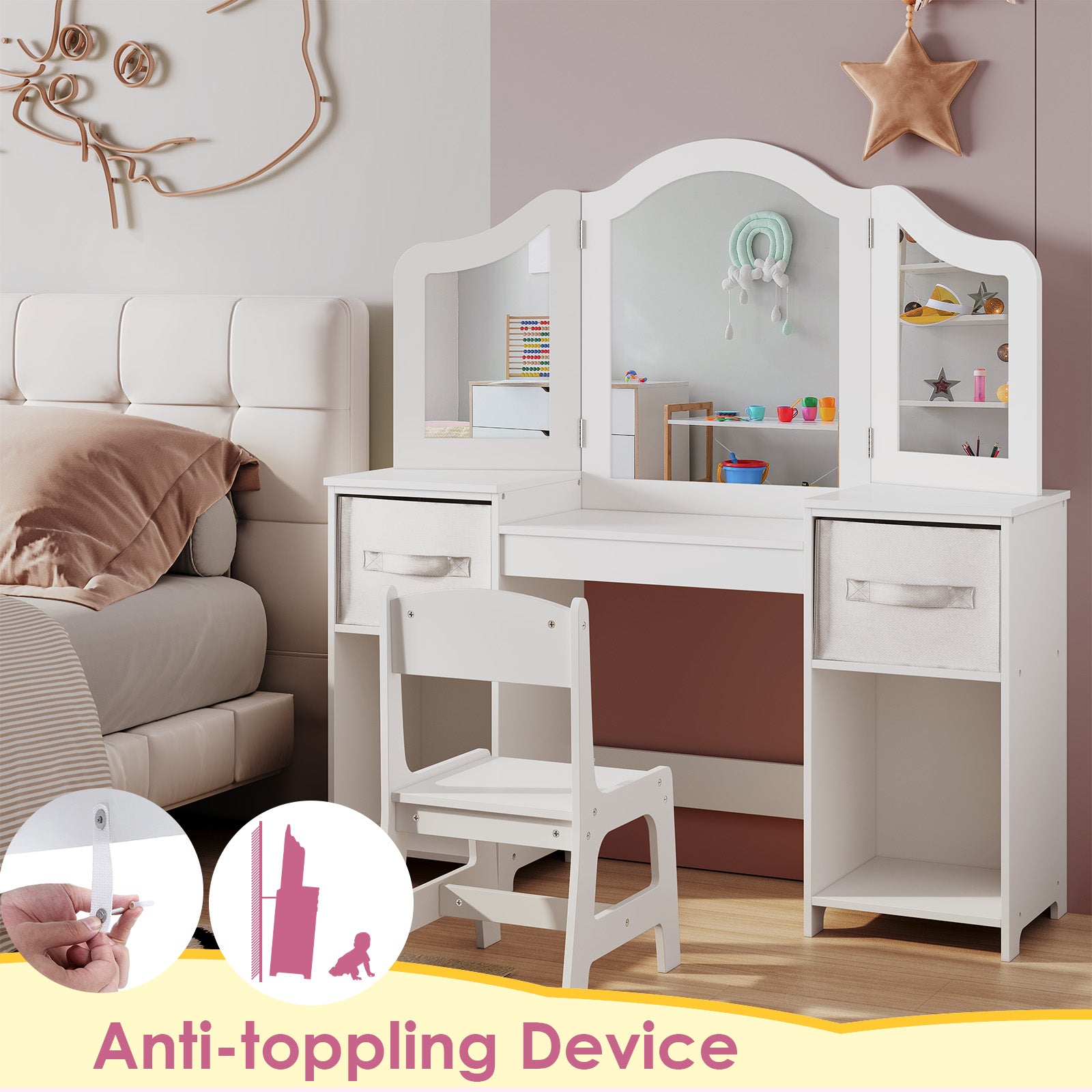 TLSUNNY Kids Vanity Set, Toddler Princess Makeup Desk & Stool Set w/ Tri-Fold Mirror Storage Drawers, for Girls