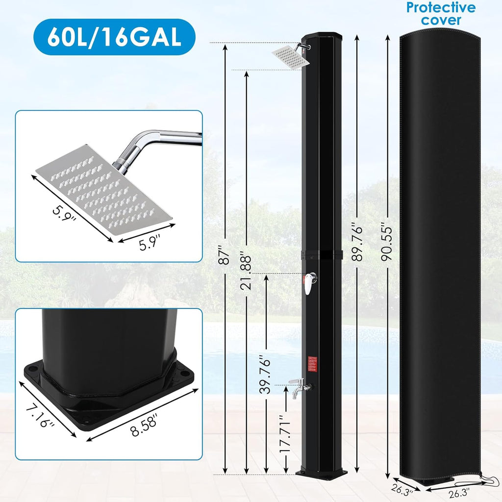 TLSUNNY 10.6/16 Gal Solar Heated Shower, Water Temperature Adjustable, W/ 360° Rotating Shower Head, Faucet, Protective Cover, 7.5FT Freestanding Outdoor Shower for Pool, Garden, Beach, SPA, Backyard