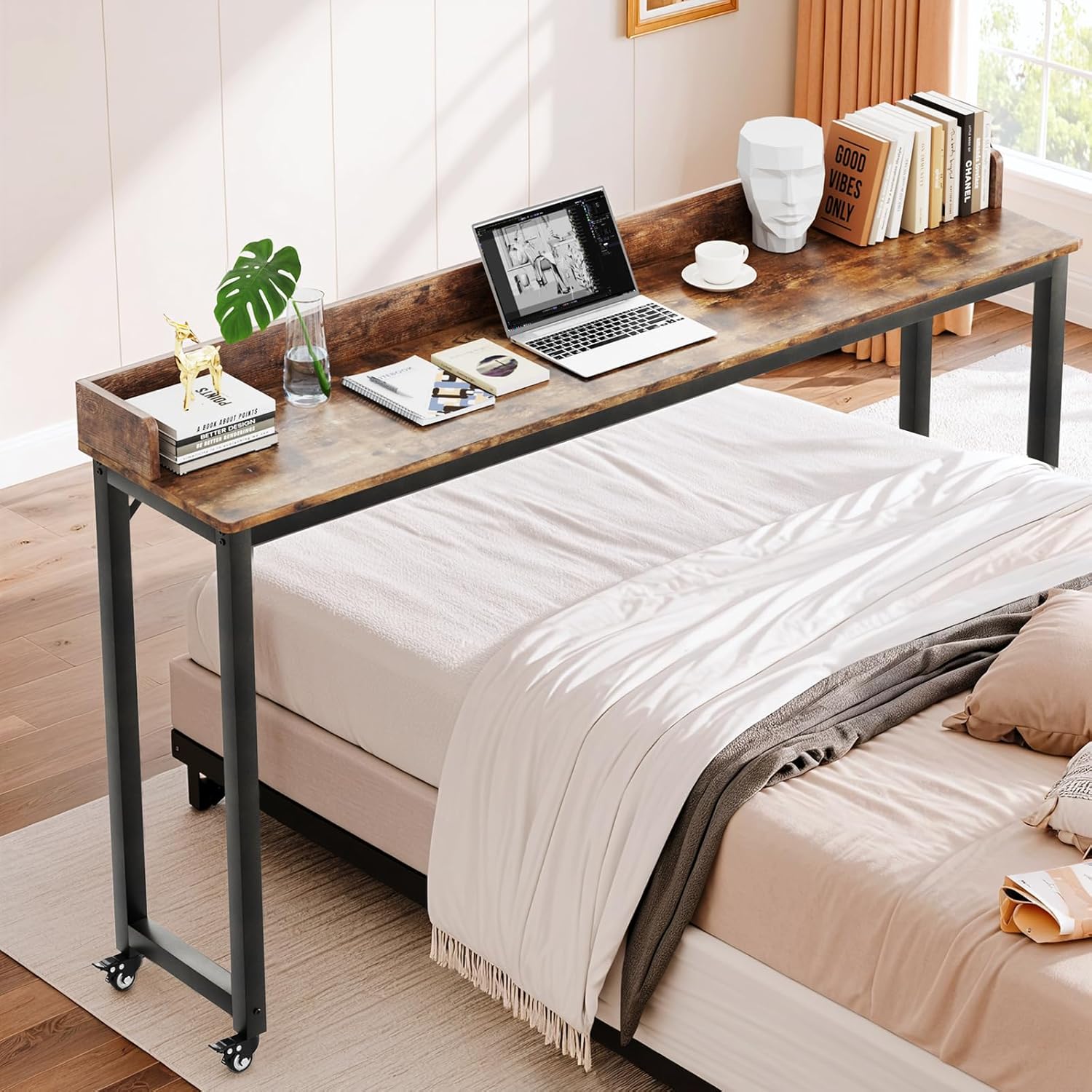 TLSUNNY Rolling Overbed Table for Queen/Full Size Bed, 70.8" Mobile Computer Desk for Hospital Bed & Home Office