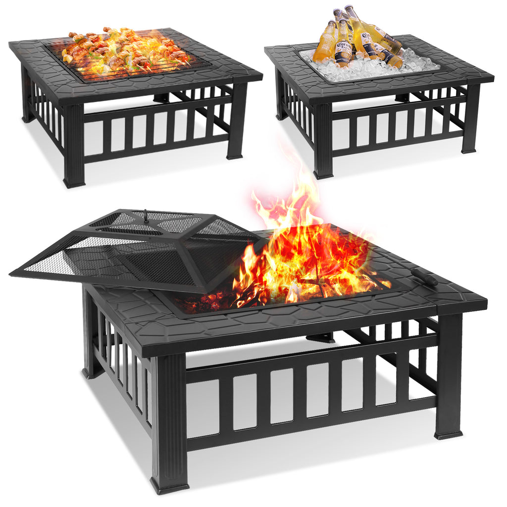 TLSUNNY 32'' Metal Fire Pits for Outside, Square Wood Burning Firepit Table, for Outdoor Patio Backyard Bonfire Party